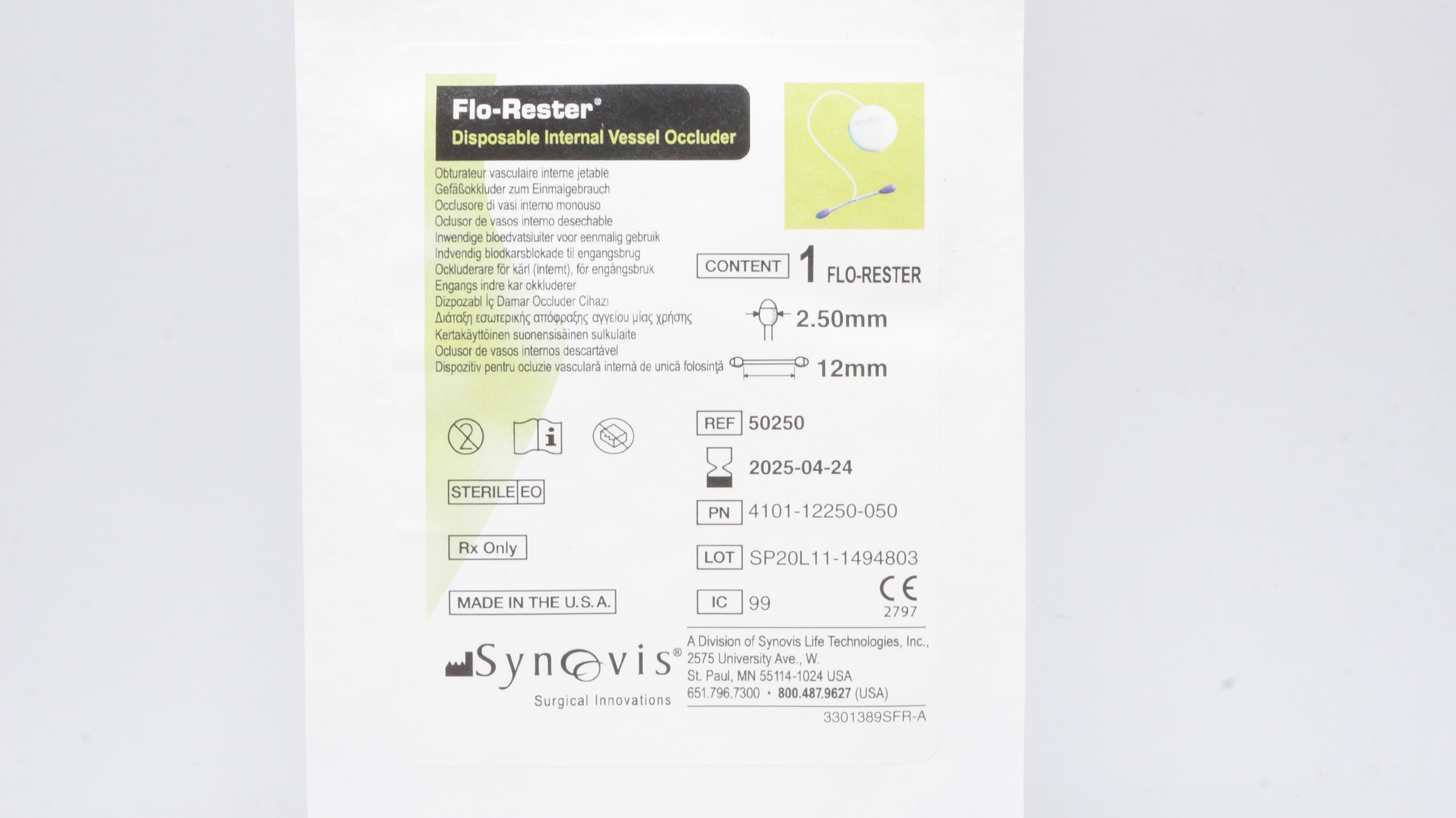 Synovis 50250 Flo-Rester Disposable Internal Vessel Occluder 2.50mm x 12mm