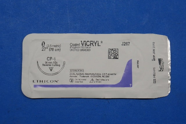 Ethicon J267 0 VICRYL, CP-1 36mm 1/2c Reverse Cutting, Undyed Braided, 27