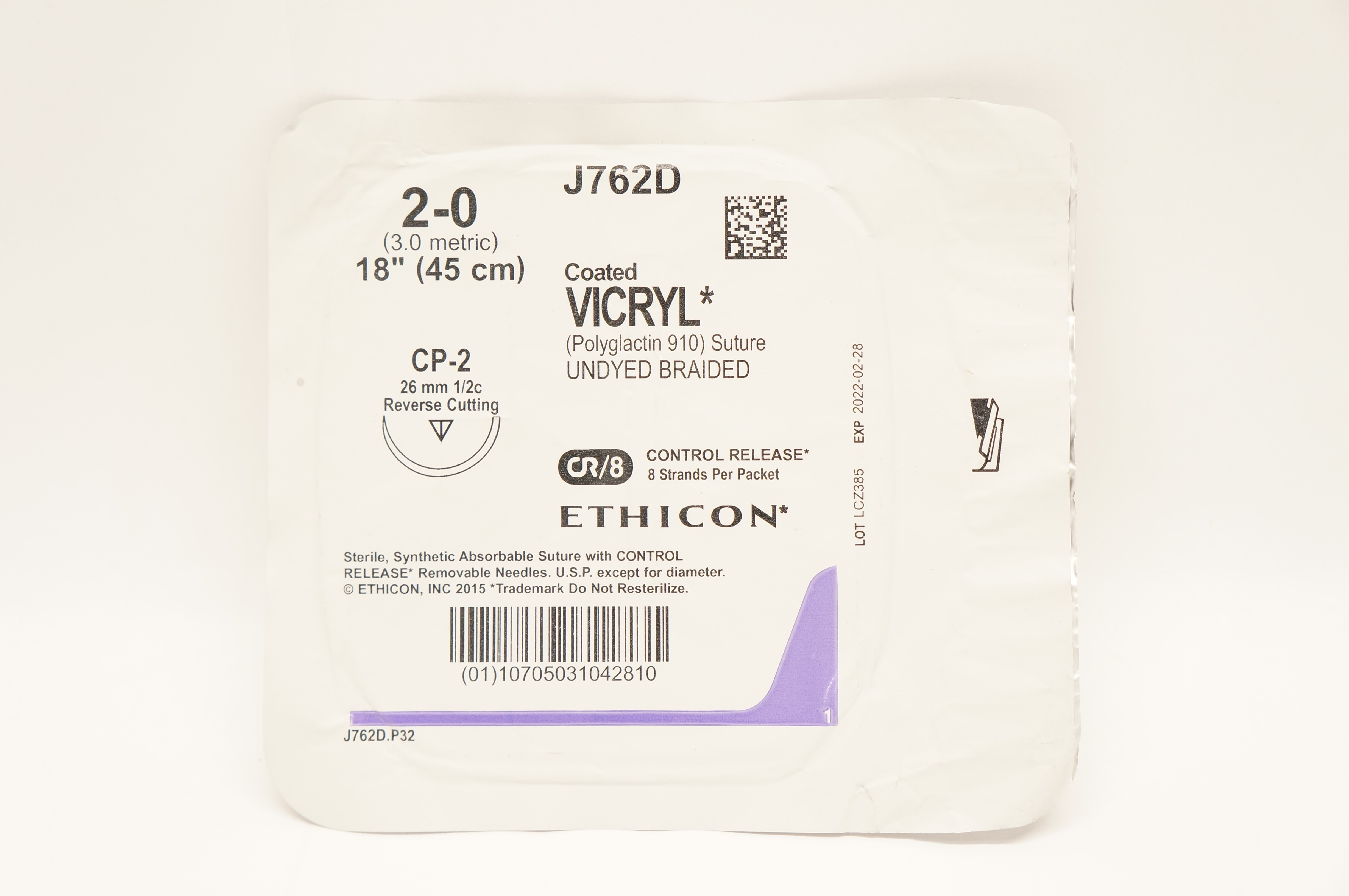 Ethicon J762D 2-0 Coated VICRYL Stre CP-2 26mm 1/2c Reverse Cutting, 18inch