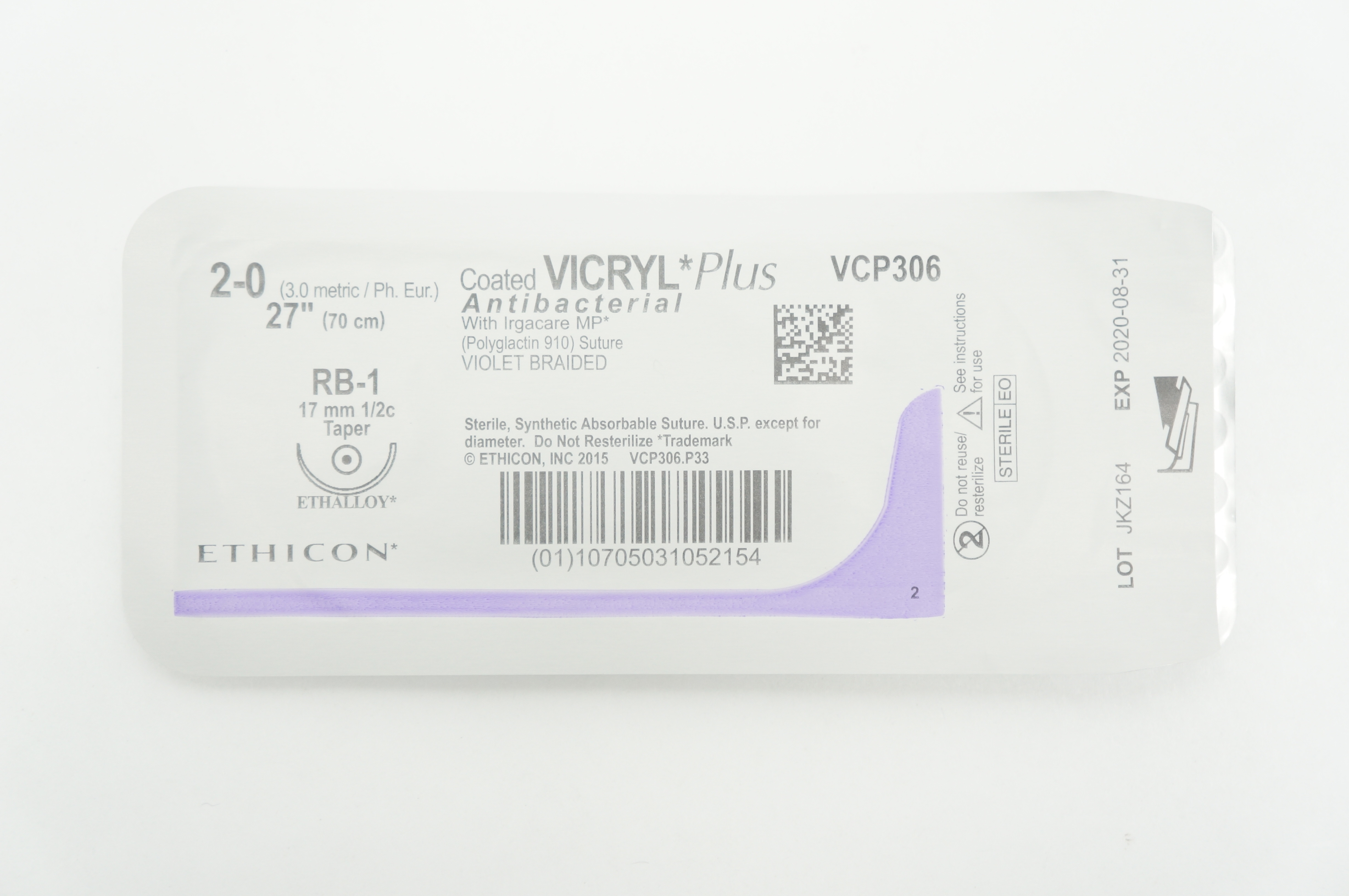 Ethicon VCP306 2-0 VICRYL Plus RB-1 17mm 1/2c Taper 27inch (x)