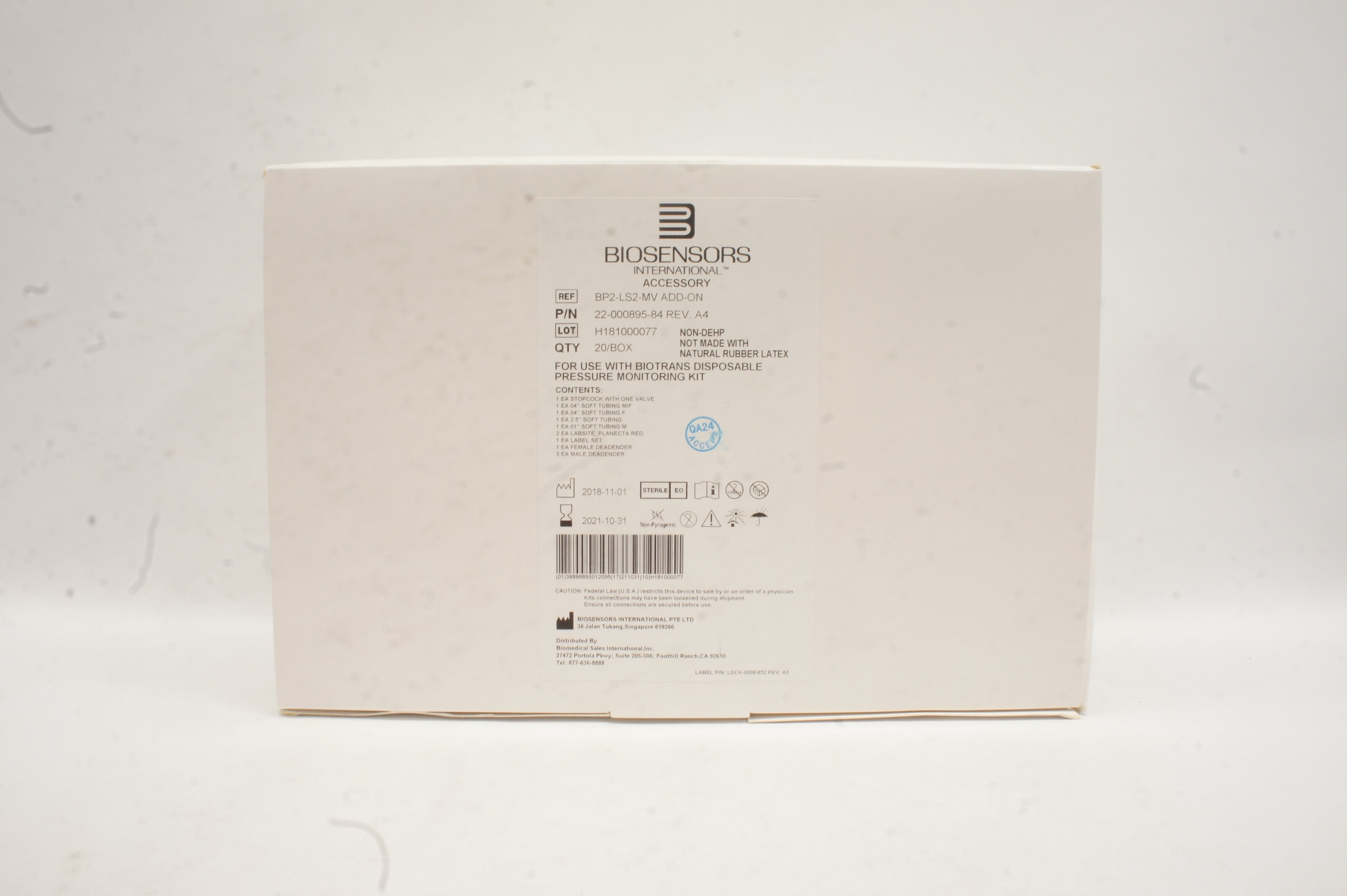 Biosensors International BP2-LS2-MV Pressure Monitoring Kit - Box of 20