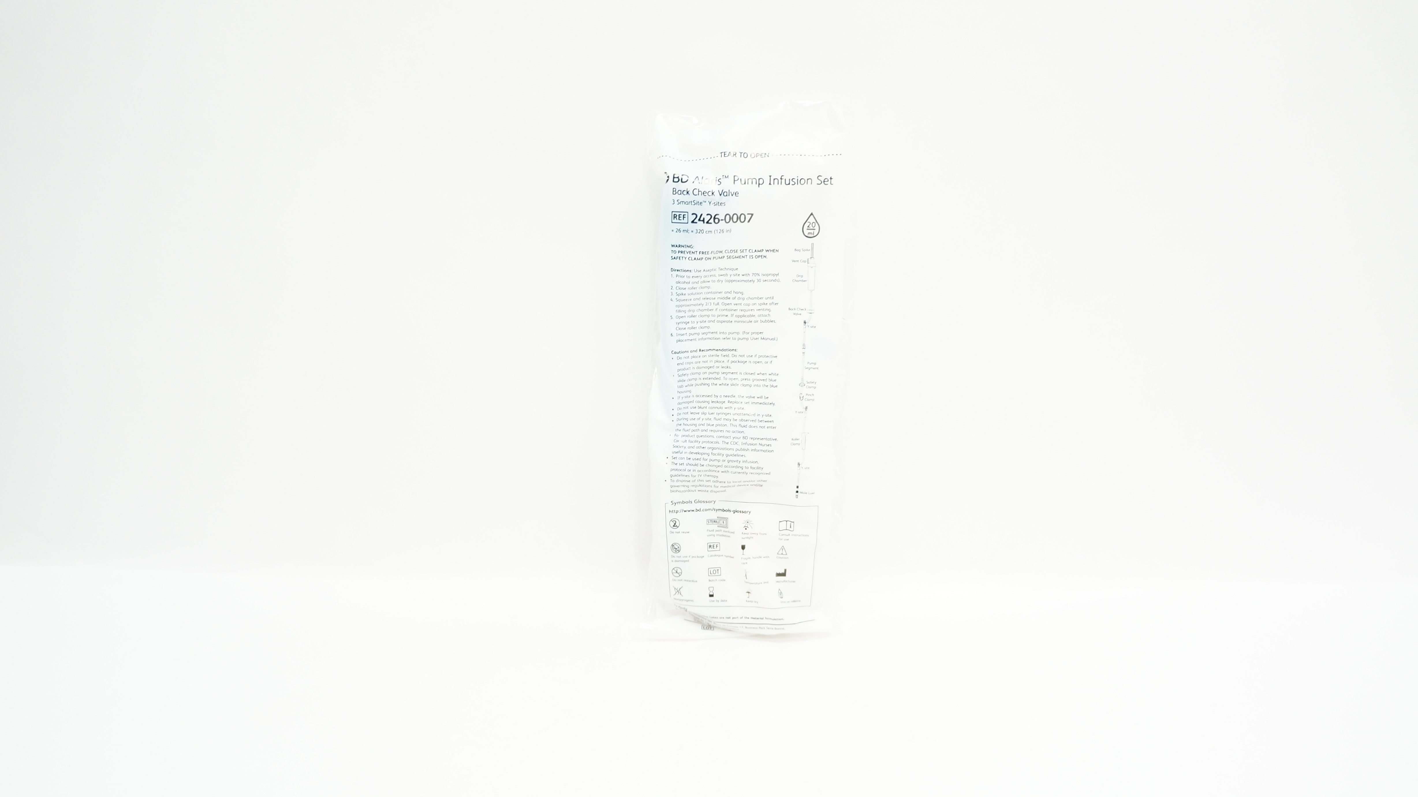 BD 2426-0007 Alaris Pump Infusion Set Back Check Valve 20Drops/ml 126inch x 26ml