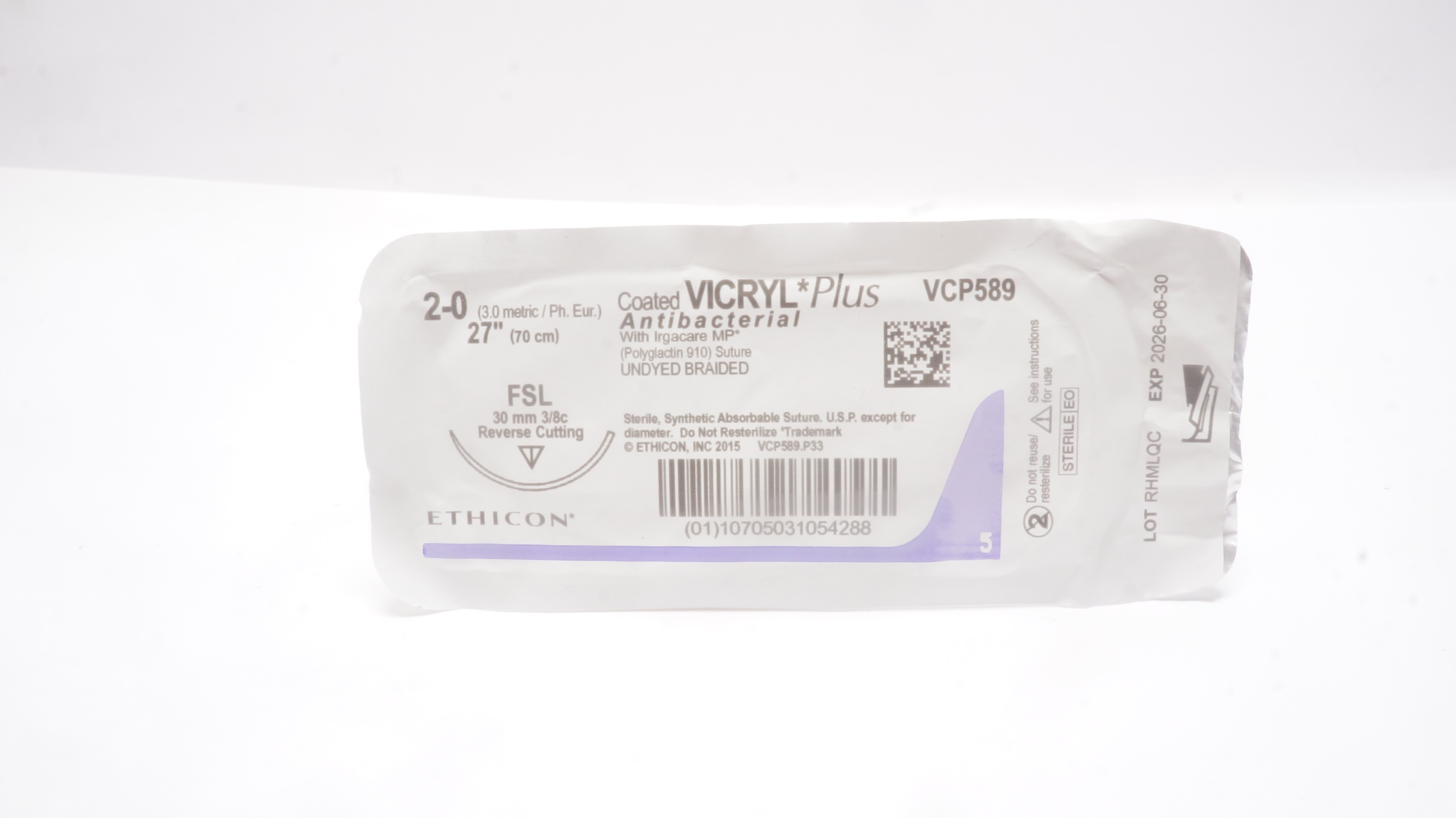 Ethicon VCP589 2-0 VICRYL Plus, FSL,  30mm 3/8c Reverse Cutting,  27inch