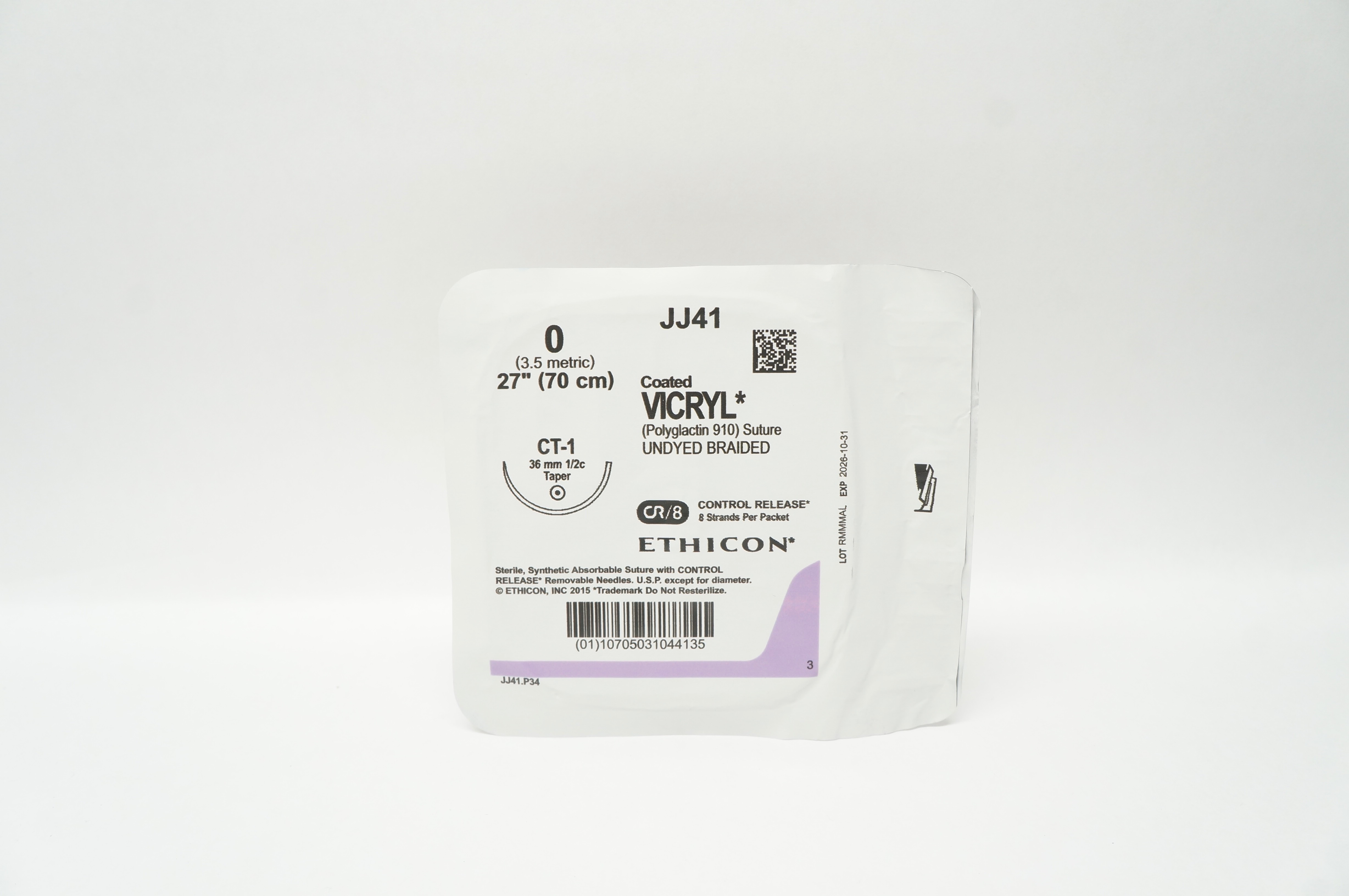 Ethicon JJ41 0 Coated VICRYL Polyglactin 910 Stre CT-1 36mm 1/2c Taper, 27inch