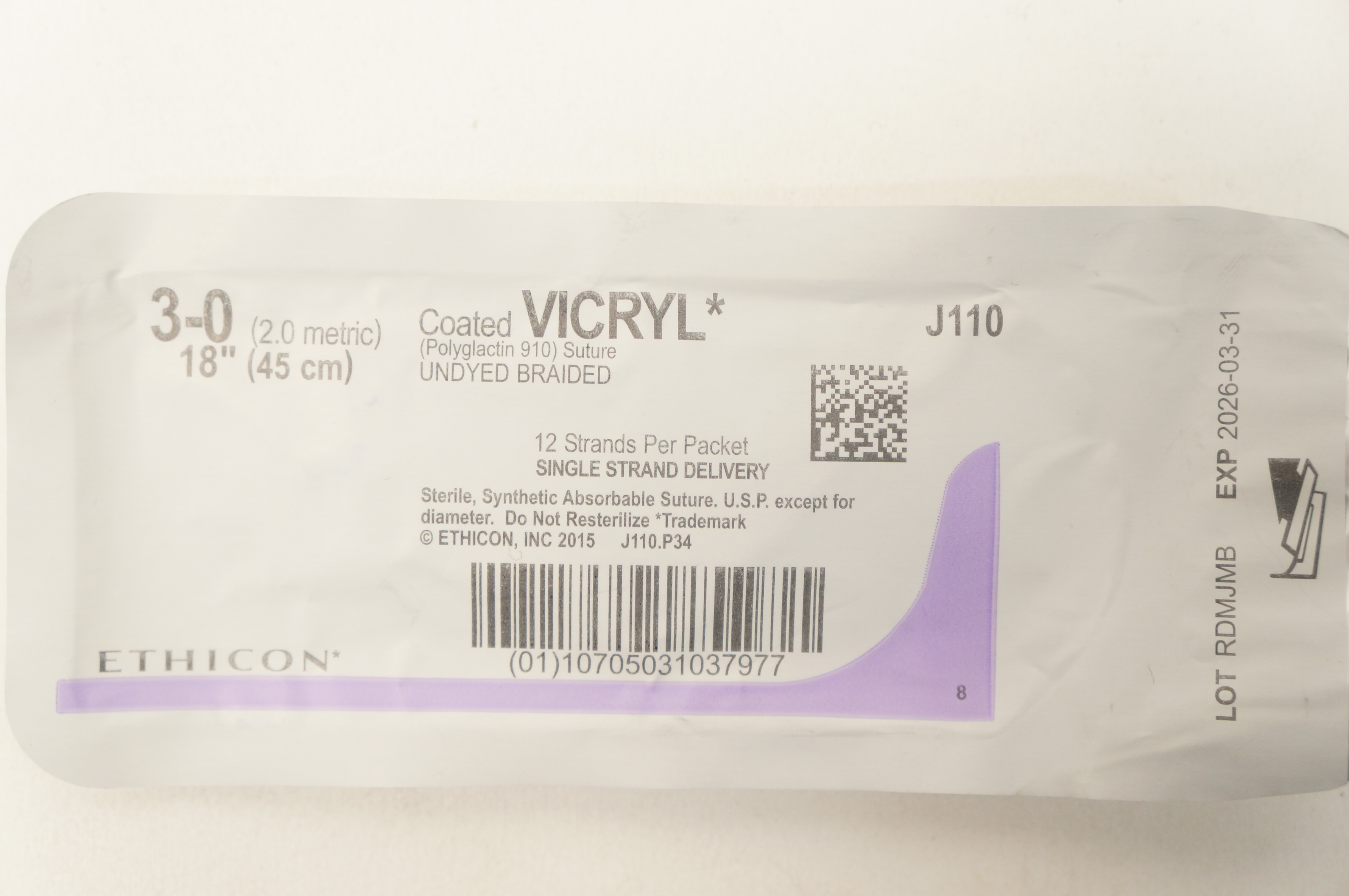 Ethicon J110 3-0 Coated VICRYL Polyglactin 910 Stre Undyed Braided, 18inch