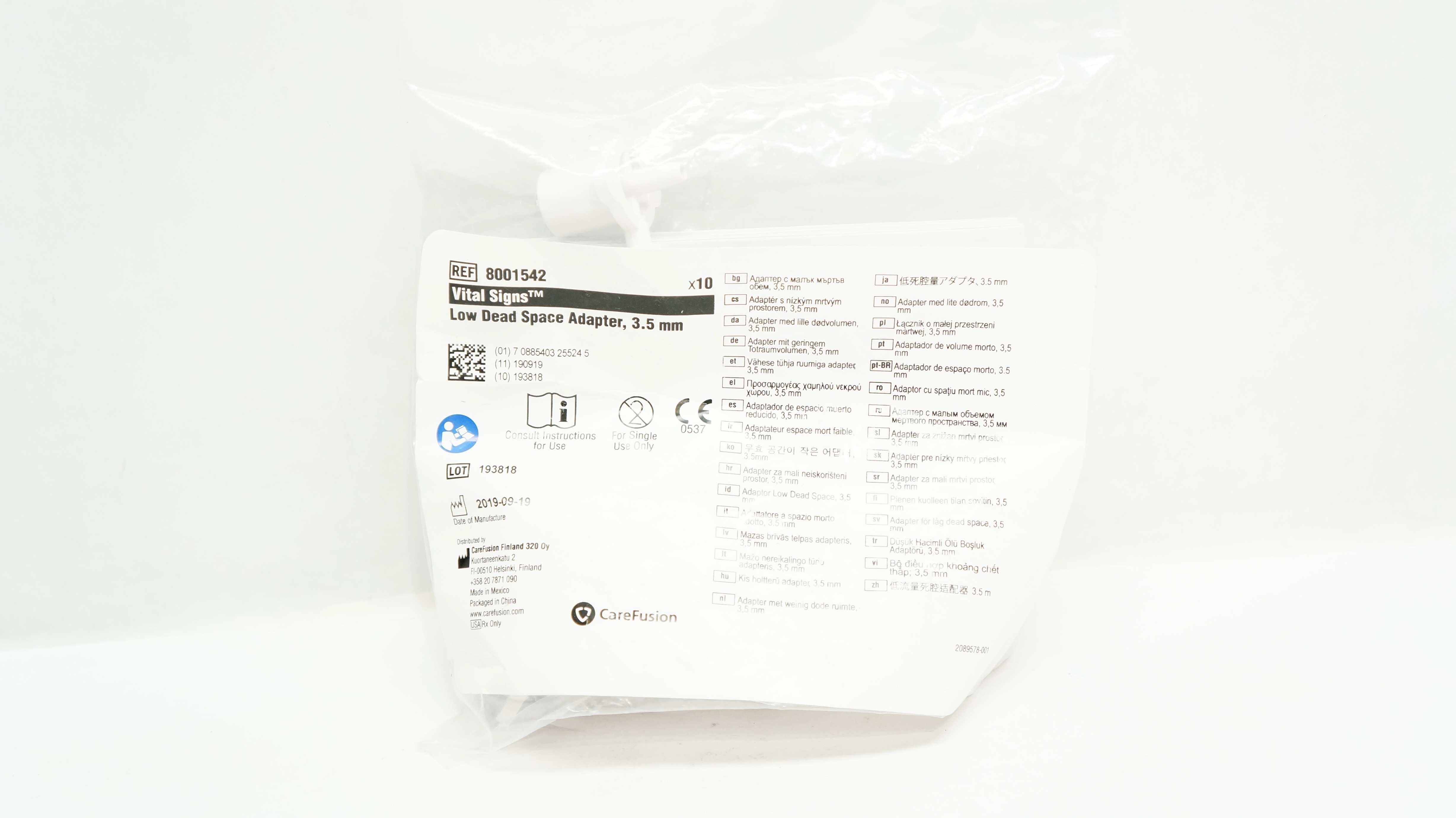 CareFusion 8001542 Vital Signs Low Dead Space Adapter, 3.5mm - Pack of 10