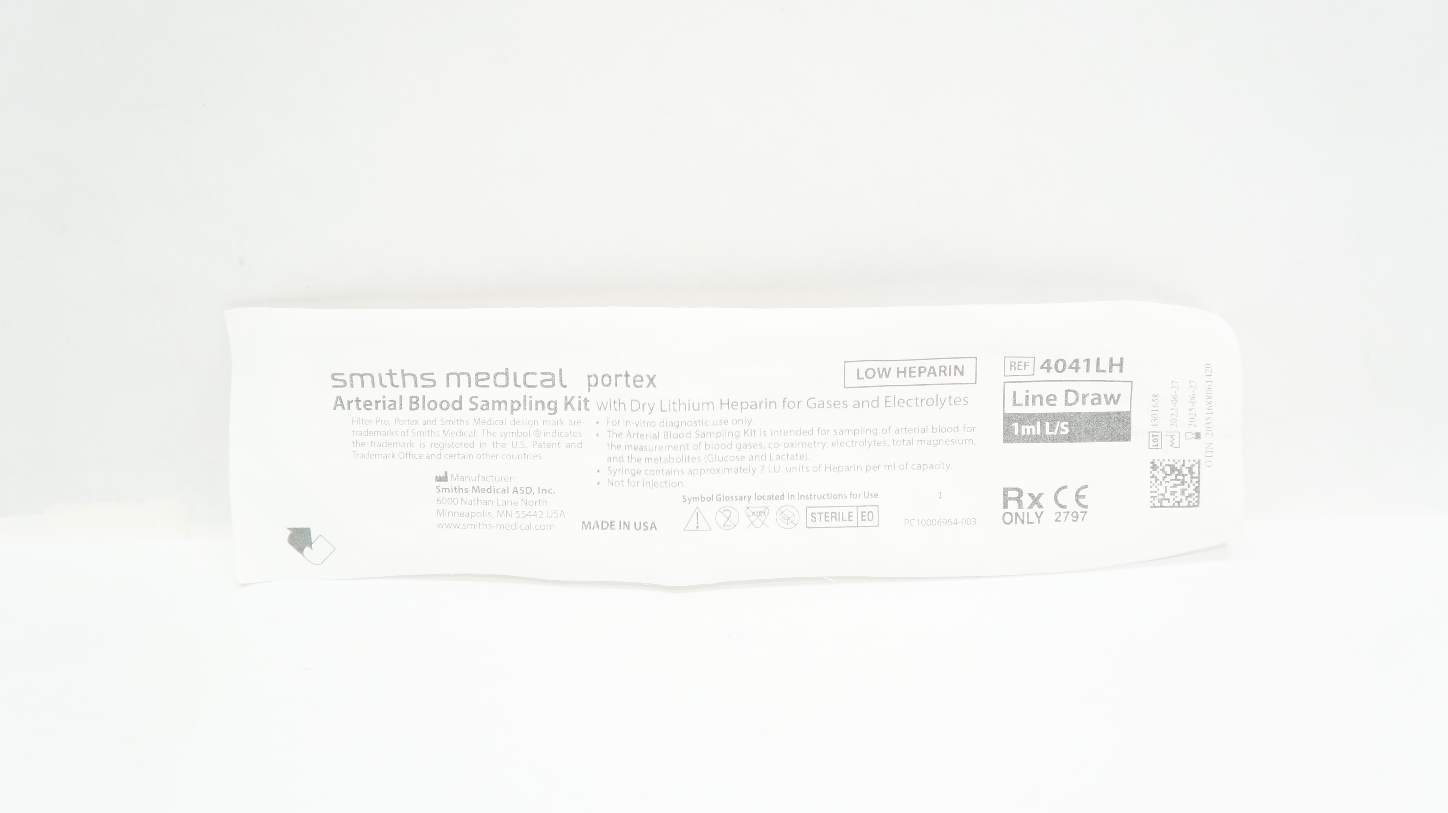 Smiths Medical 4041LH Portex Arterial Blood Sampling Kit w/ Dry Lithium Heparin