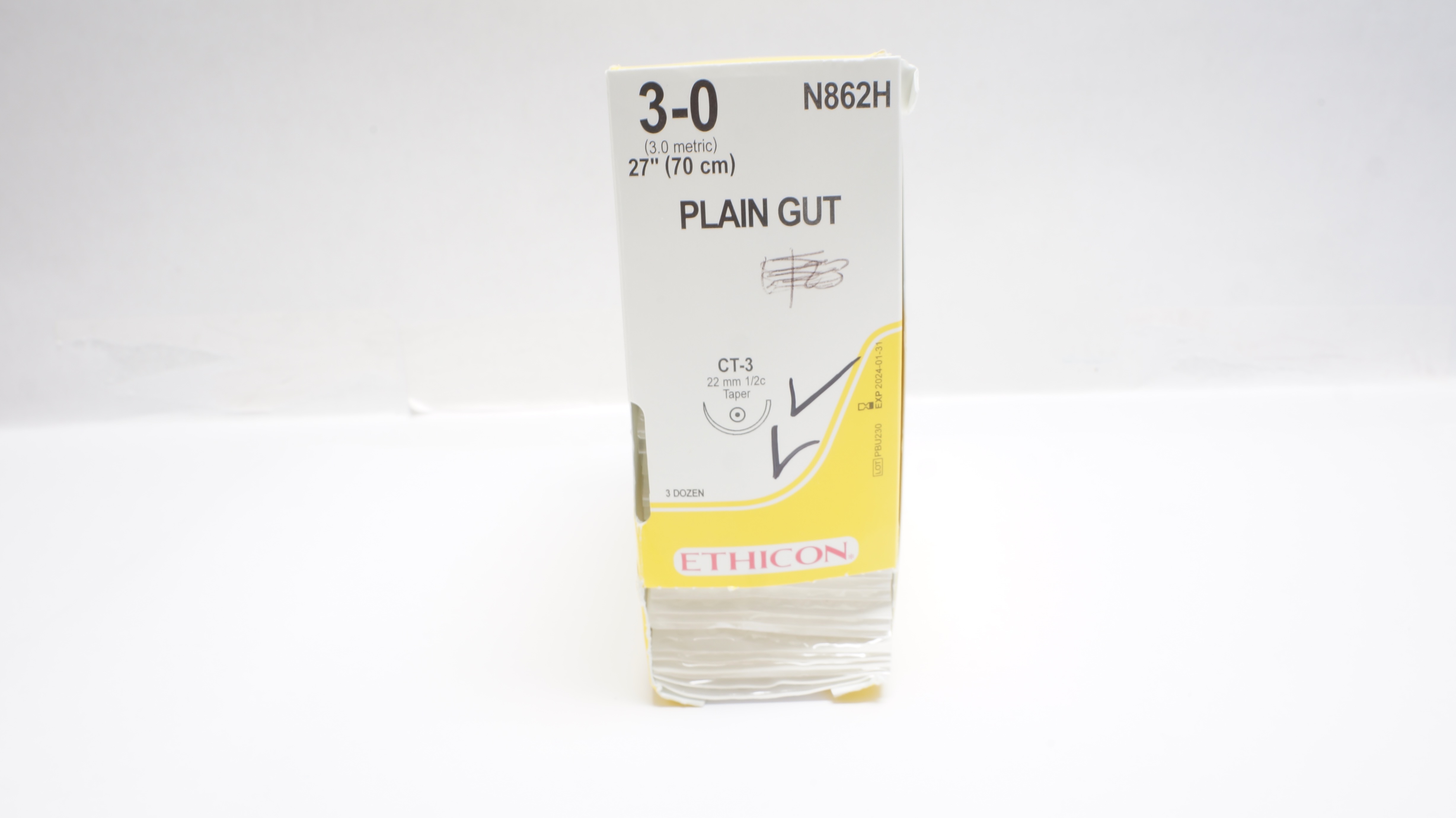 Ethicon N862H Plain Gut 3-0 27inch CT-3 22mm 1/2c Taper - Box of 33