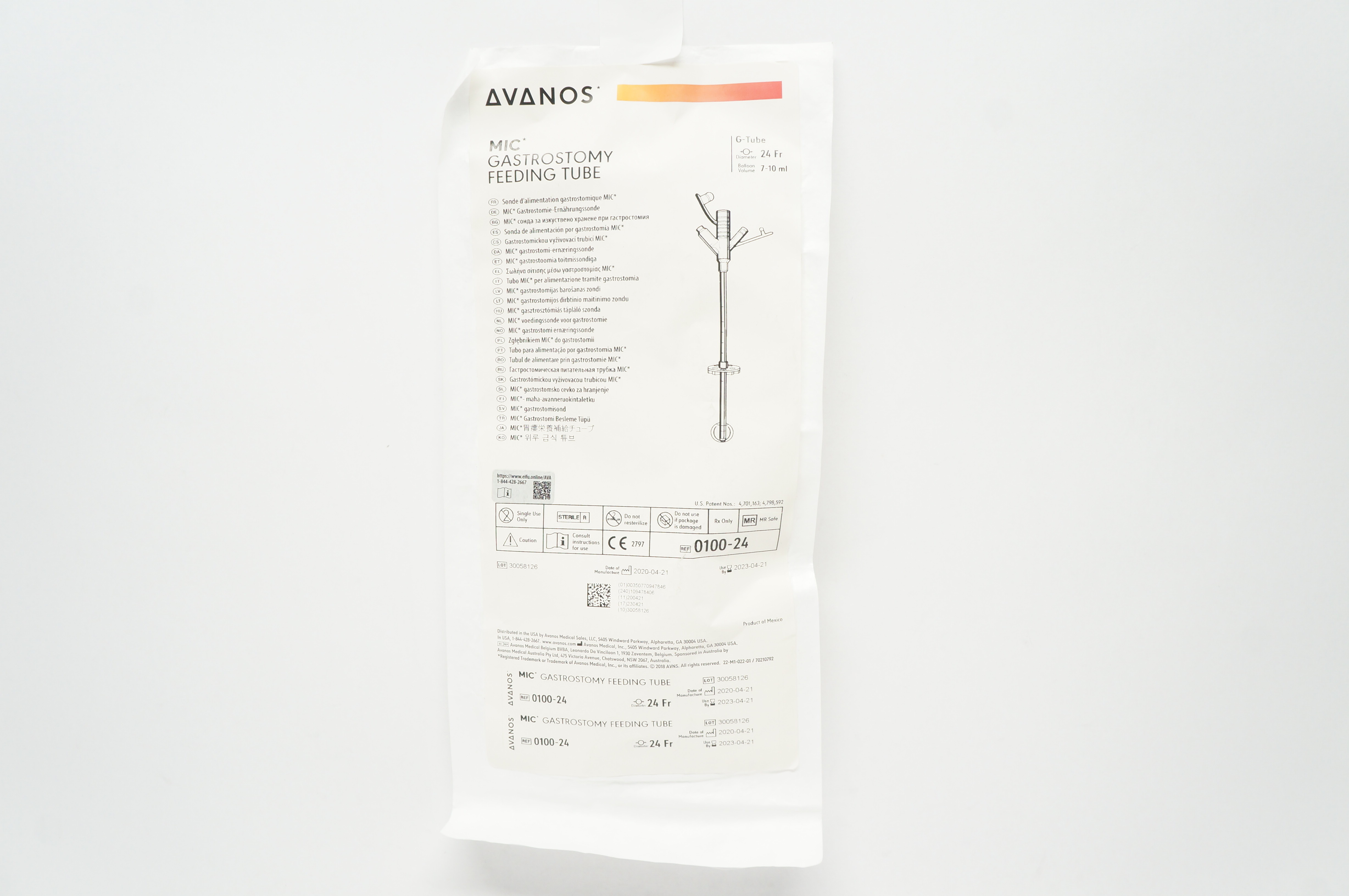 Avanos 0100-24 MIC Gastrostomy Feeding Tube 24Fr 7-10ml