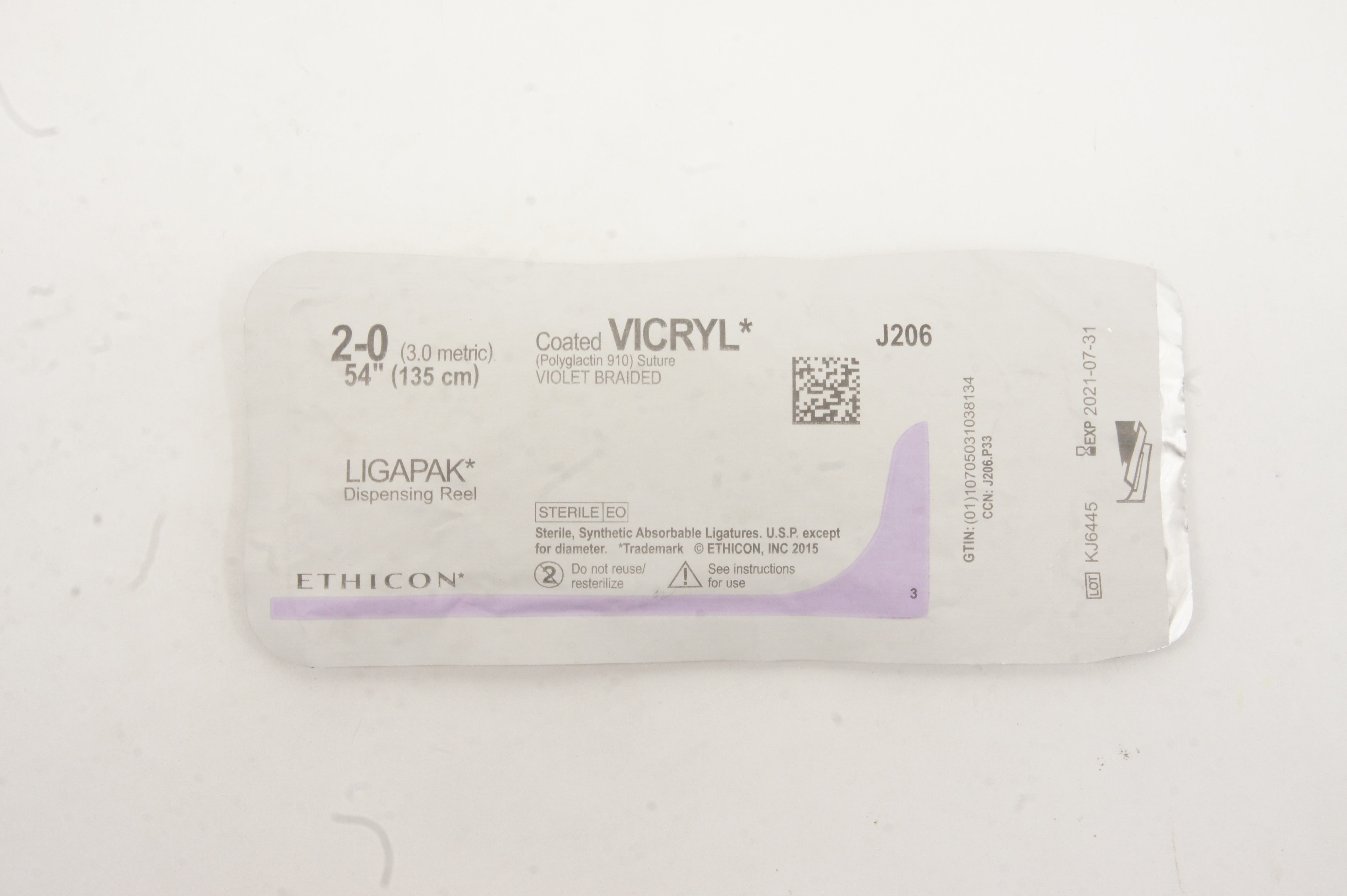 Ethicon J206 2-0 Coated VICRYL, Ligapak Dispensing Reel, 54inch (x)