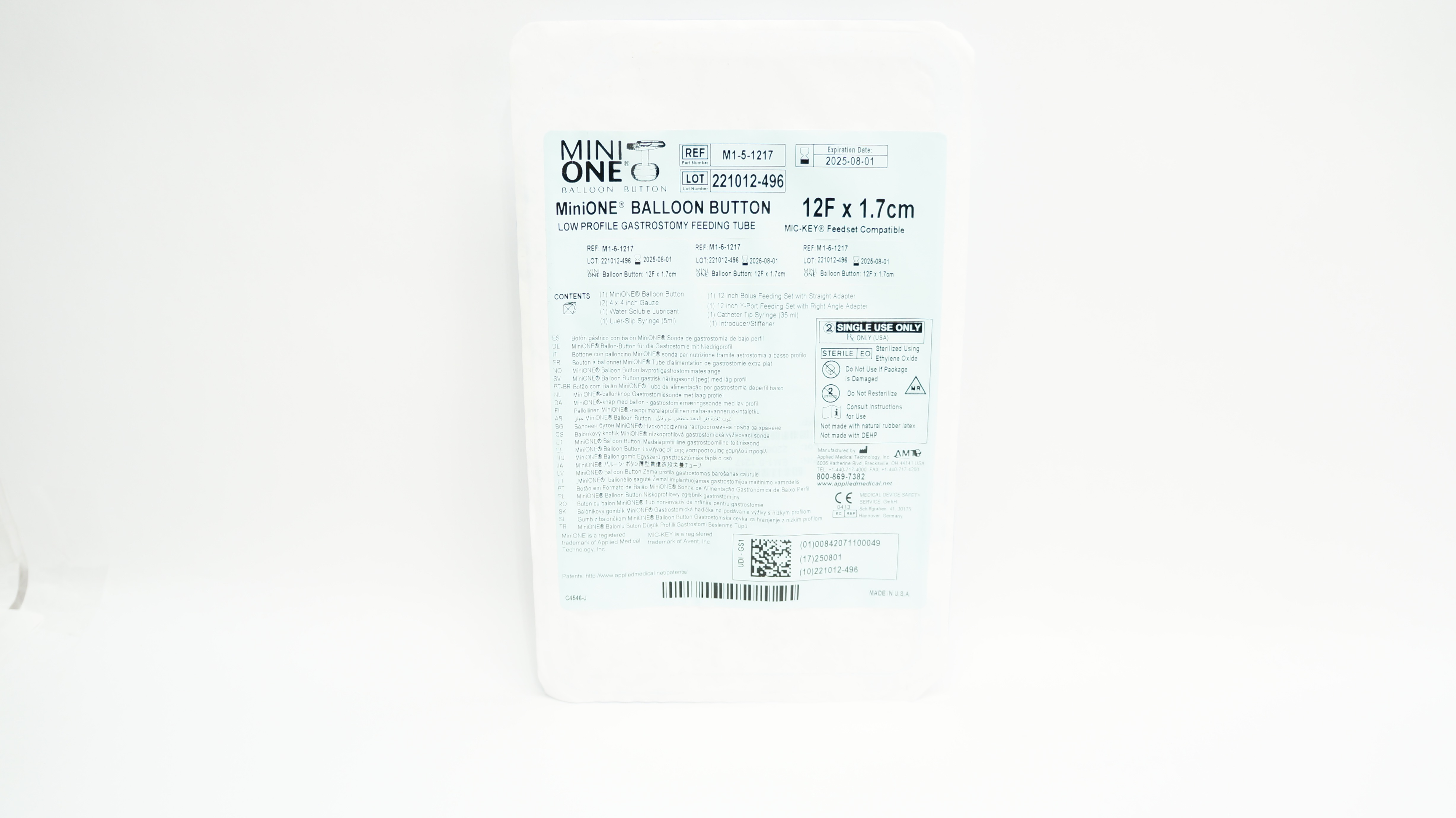 Applied M1-5-1217 MiniONE Balloon Button Kit With ENFit, 12Fr x 1.7cm
