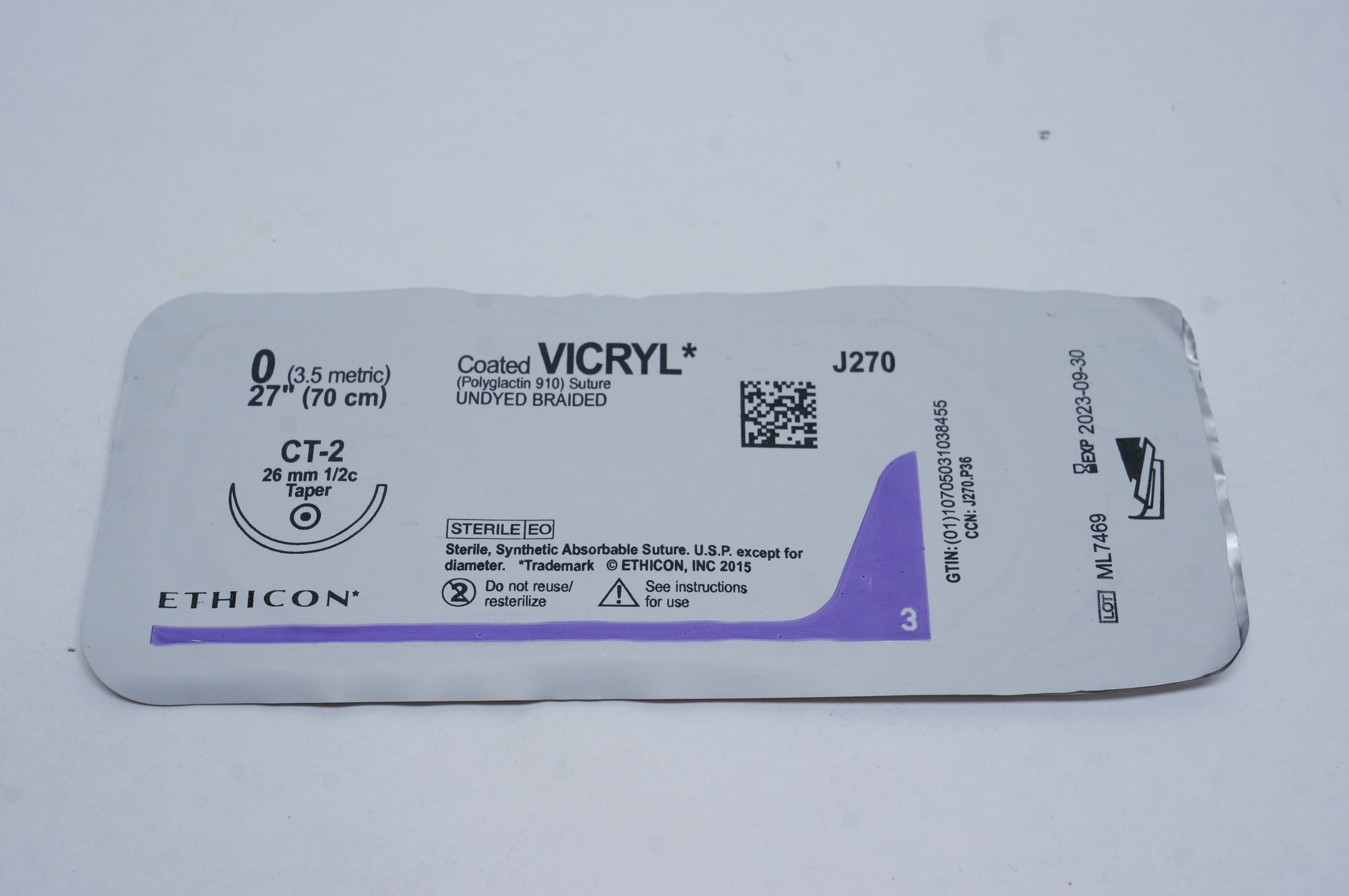 Ethicon J270 0 VICRYL, CT-2, 26mm 1/2c Taper, 27inch