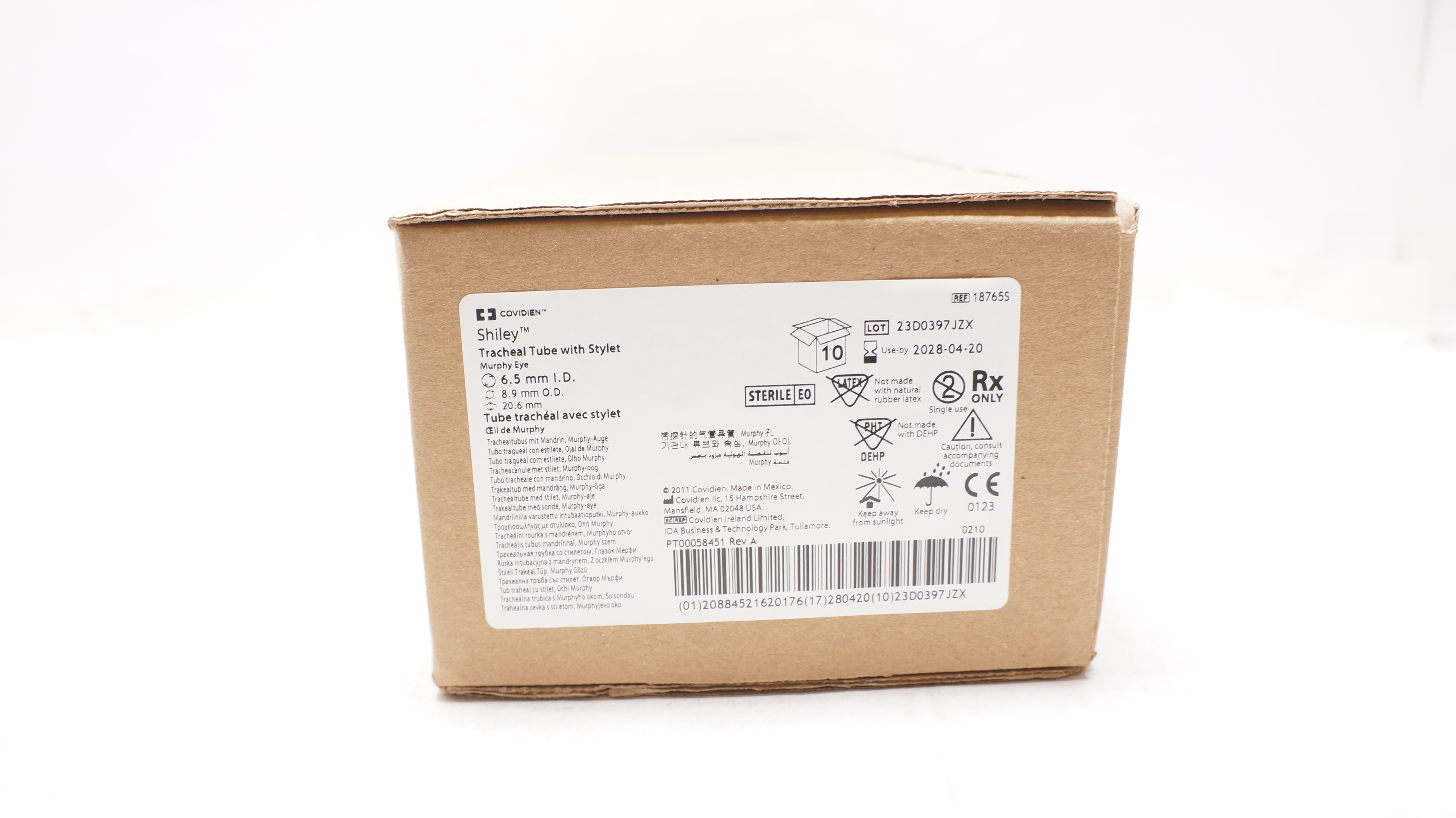 Covidien 18765S Shiley Tracheal Tube with Stylet 6.5 x 8.9 x 20.6mm - Box of 10