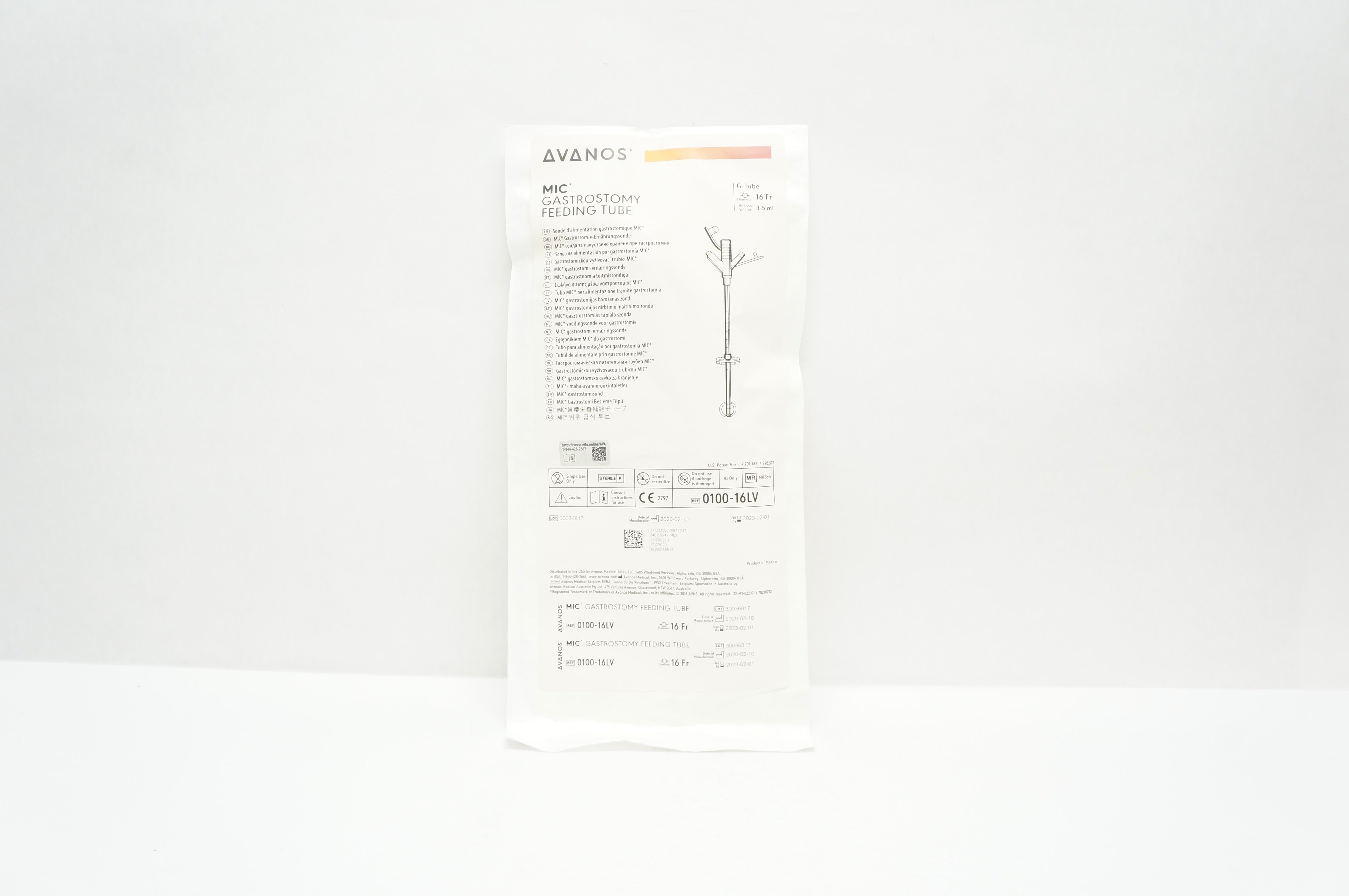Avanos 0100-16LV MIC Gastrostomy Feeding Tube 16Fr. x 3-5mL