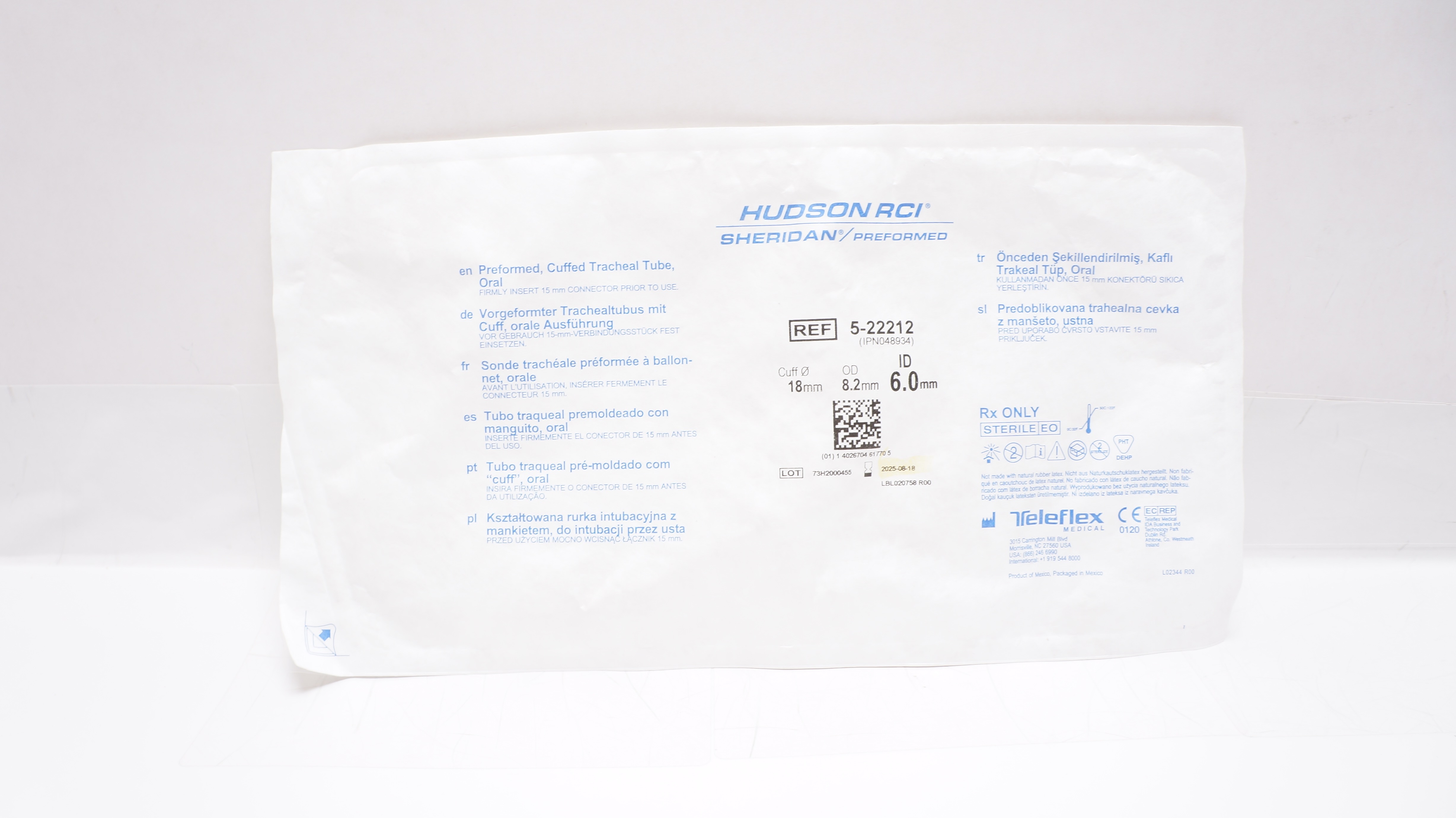 Teleflex 5-22212 Hudson RCI Sheridan Preformed Cuffed Tracheal Tube Oral
