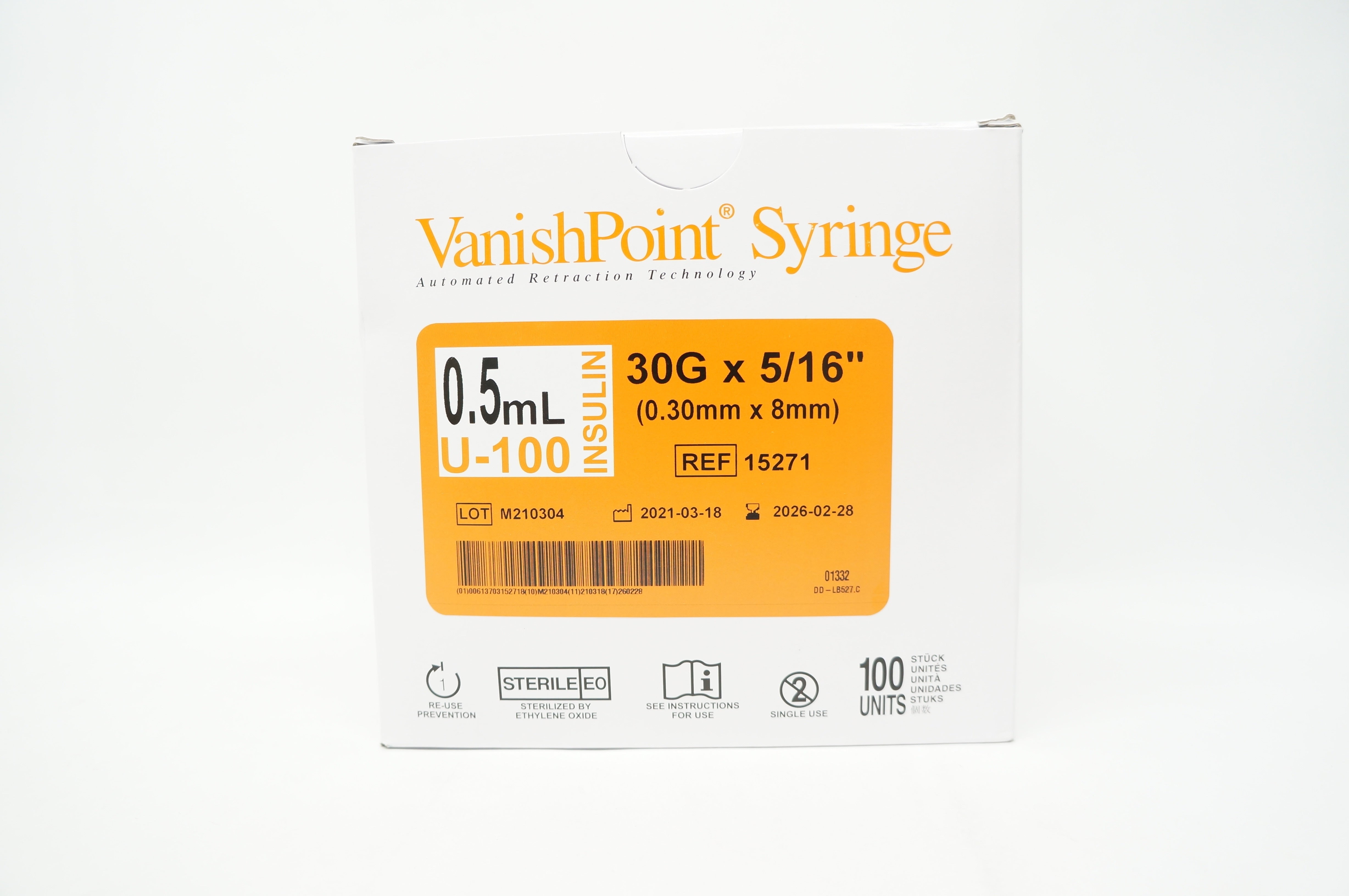 Retractable 15271 VanishPoint Insulin Syringe U-100 0.5ml 30Gx5/1in - Box of 100