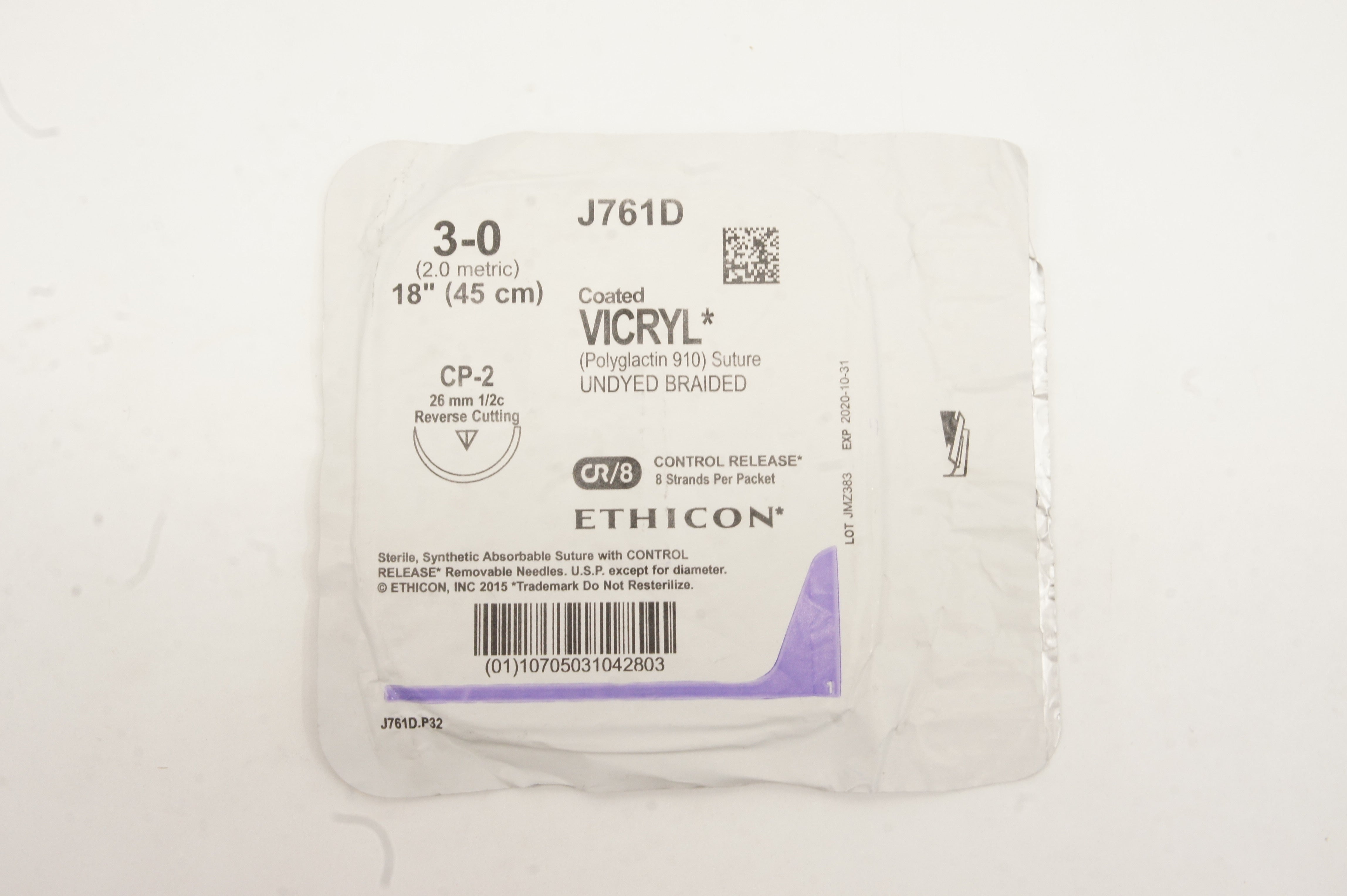 Ethicon J761D 3-0 Coated VICRYL CP-2 26mm 1/2c Reverse Cutting, 18inch (x)