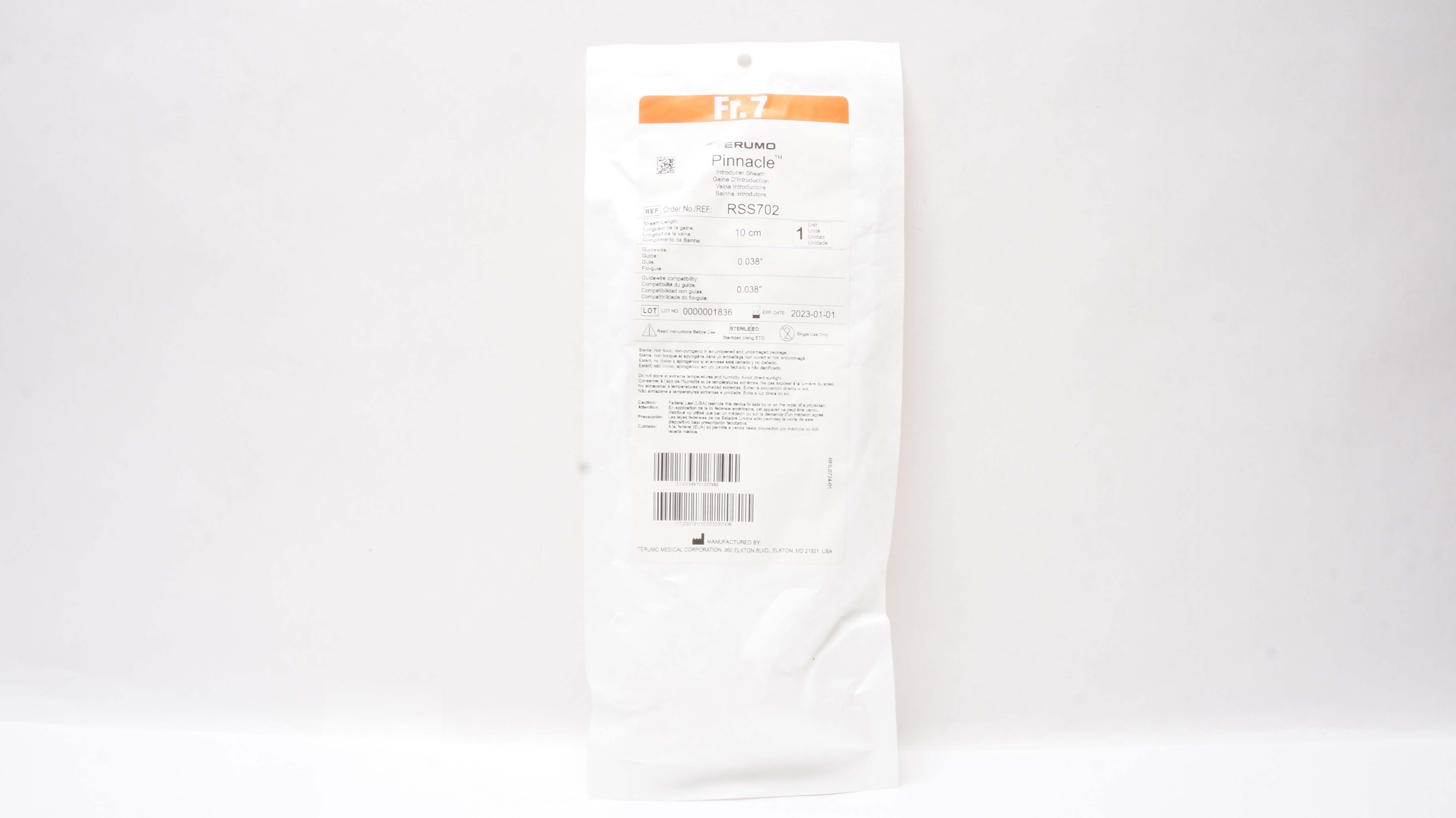 Terumo RSS702 Pinnacle Introducer Sheath 7Fr x 10cm x .038inch x .038inch (x)