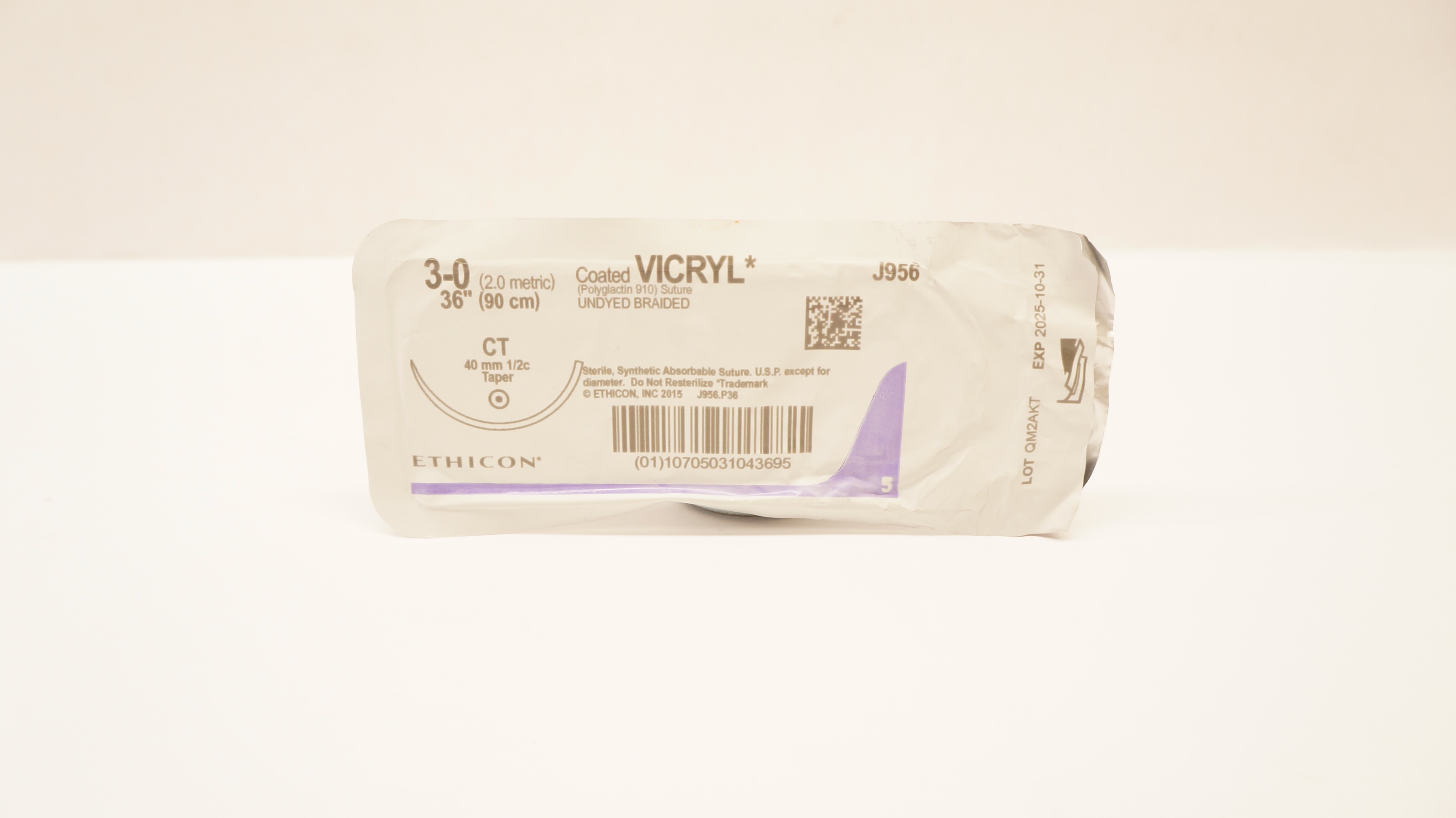 Ethicon J956 3-0 Coated Vicryl  Undyed Braided, CT,  40mm 1/2c Taper, 36inch