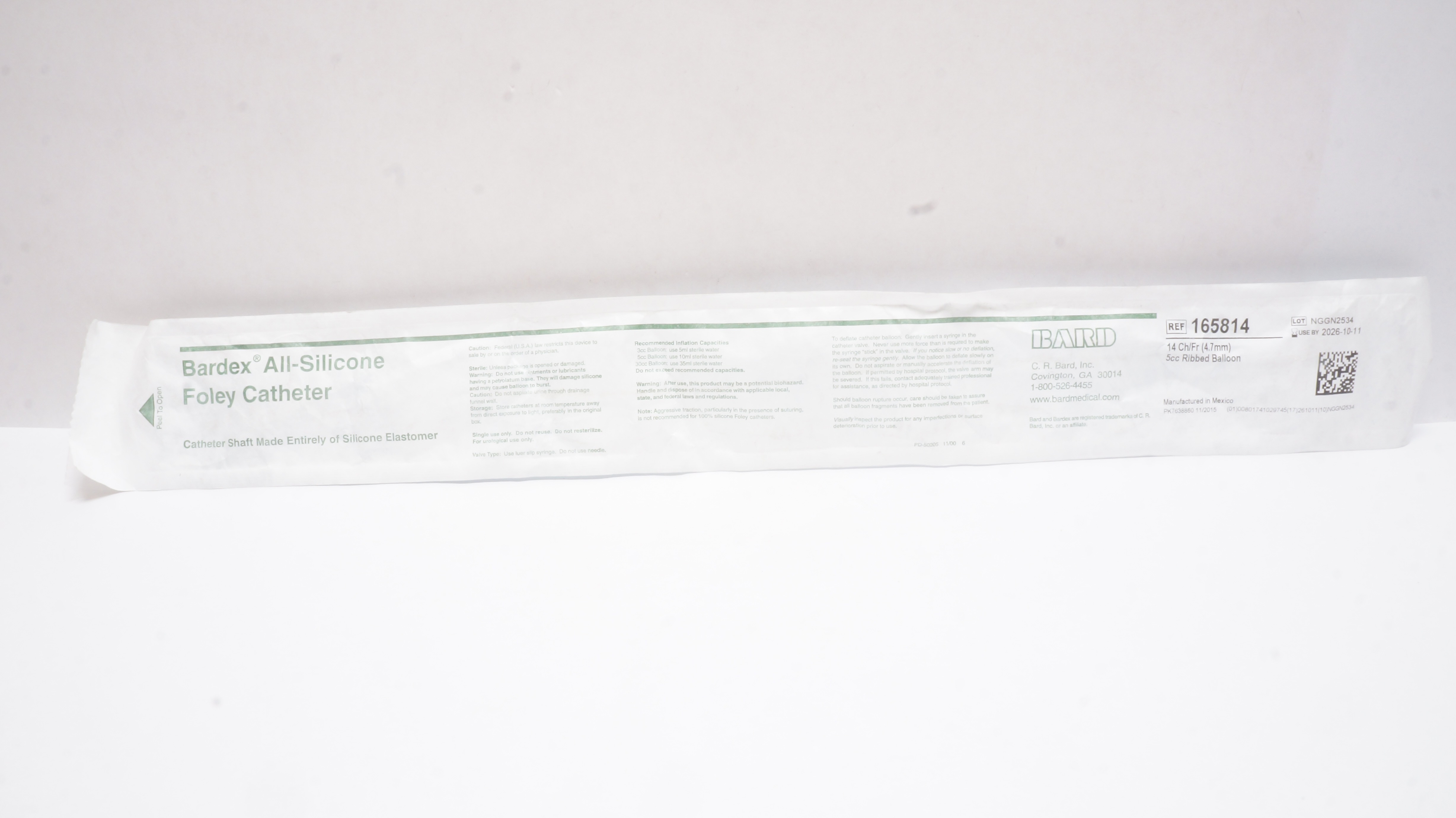 Bard 165814 Bardex All-Silicone Foley Cath. Ribbed Balloon, 14Fr x 5cc