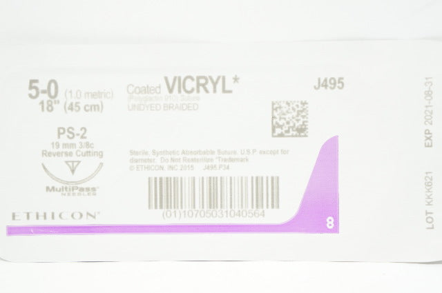 Ethicon J495 5-0 Coated Vicryl Stre PS-2 19mm 3/8c Reverse Cutting, 18inch (x)