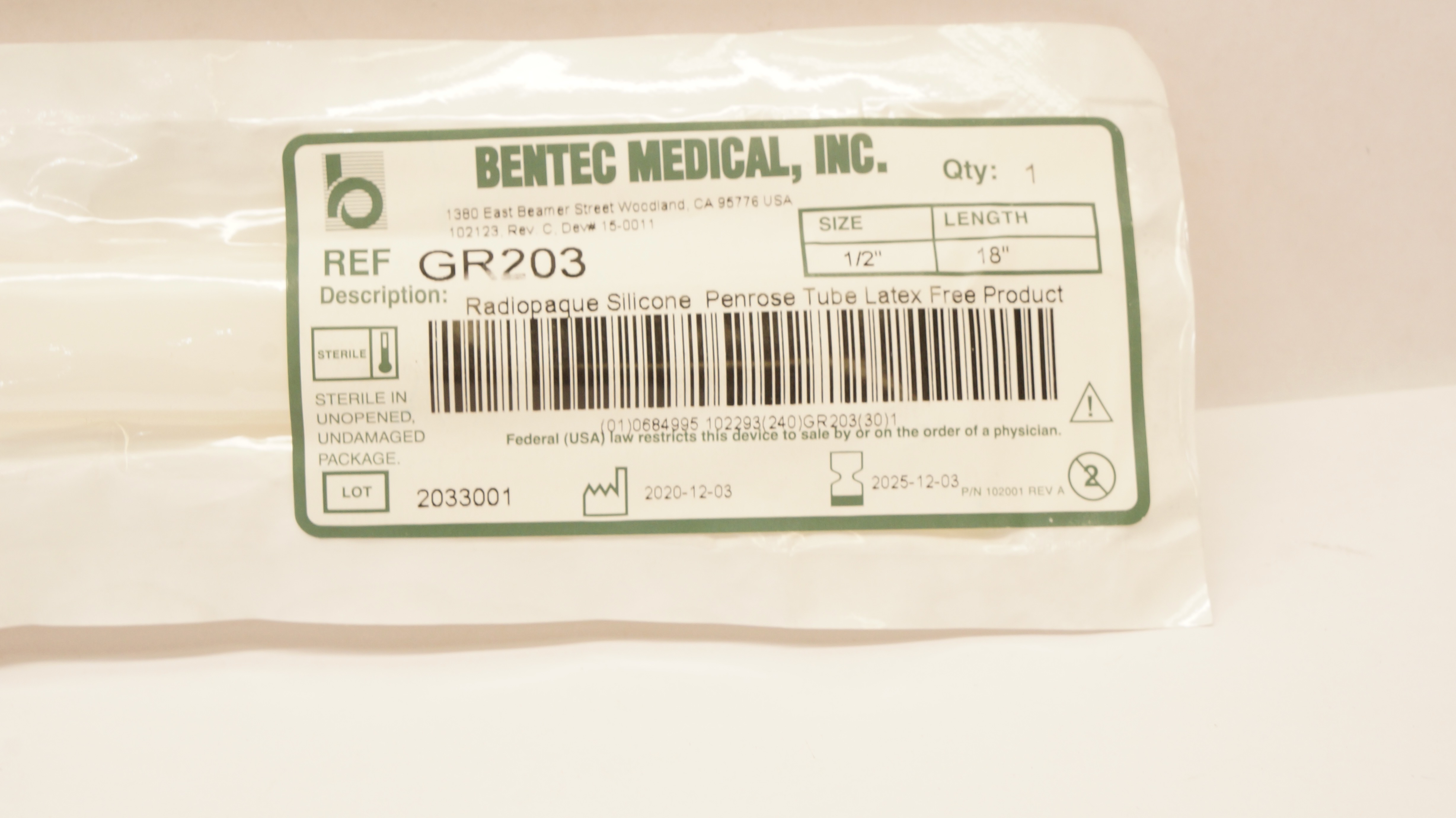 Bentec Medical GR203 Radiopaque Silicone Penrose Tube Latex Free 1/2OD x 18Inch