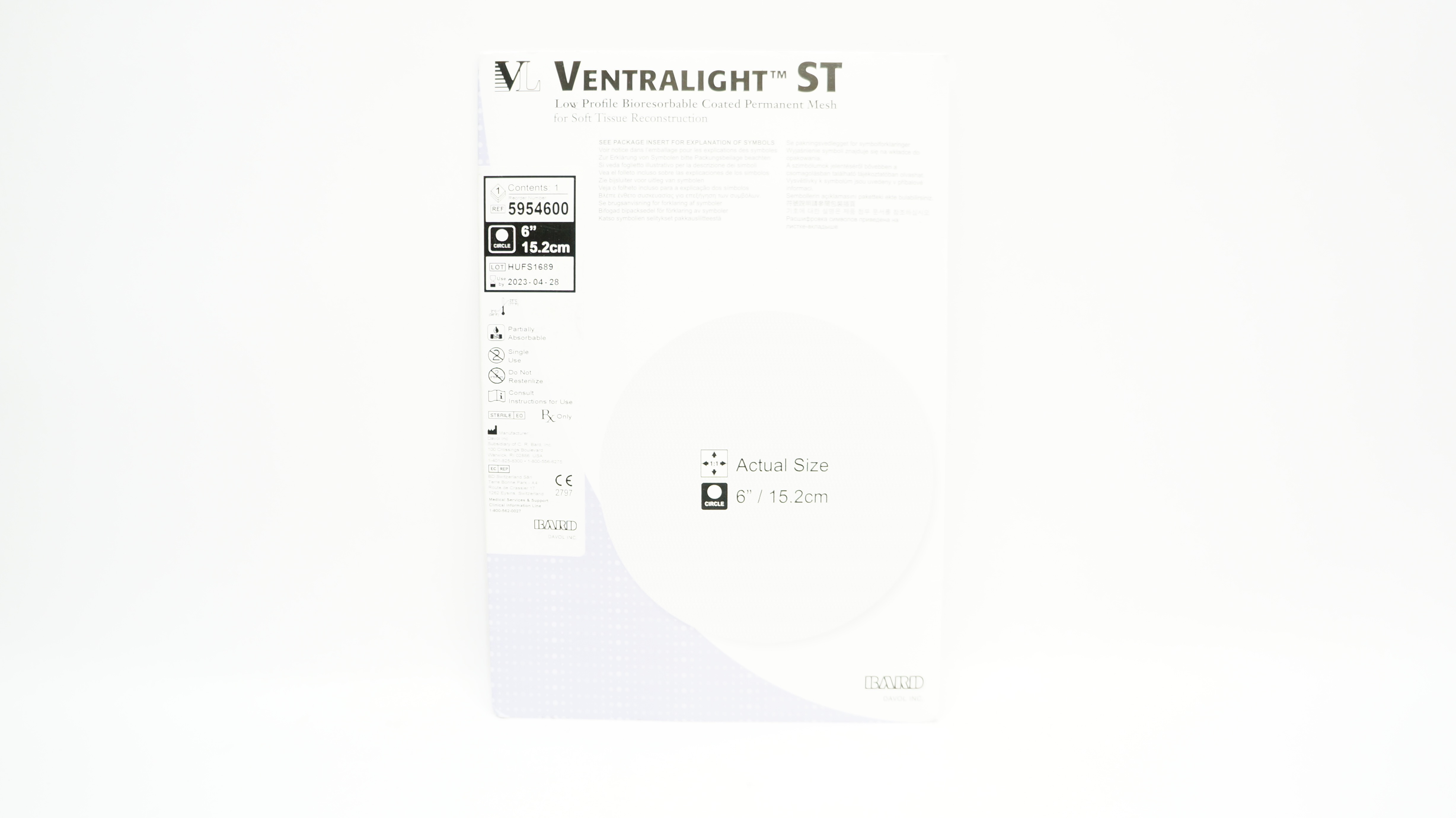 Bard 5954600 Ventralight ST Low Profile Bioresorbable Coated Mesh 6inch (x)
