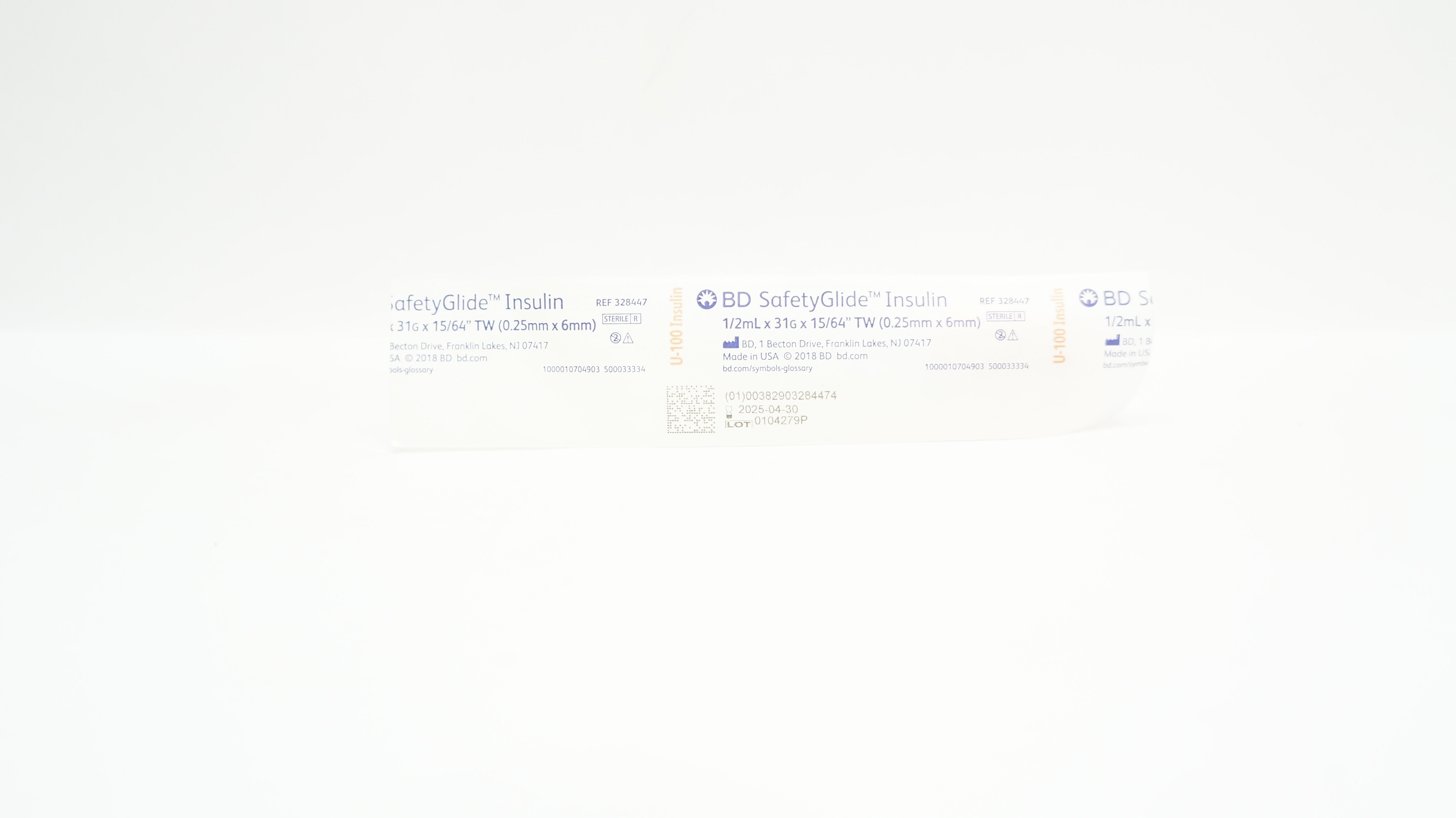 BD 328447 SafetyGlide U-100Insulin Syringe 1/2mL x 31G x 15/64inch TW