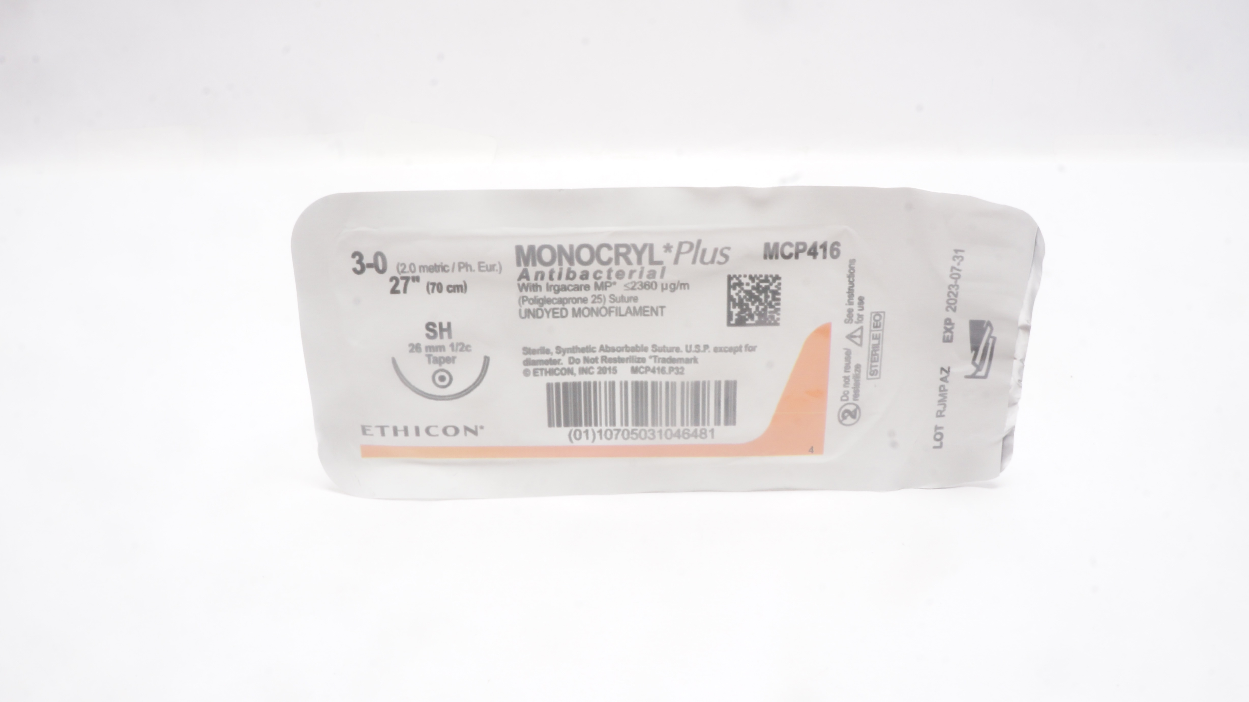 Ethicon MCP416 3-0 MONOCRYL Plus Antibacterial Stre SH 26mm 1/2c Taper 27inch(x)
