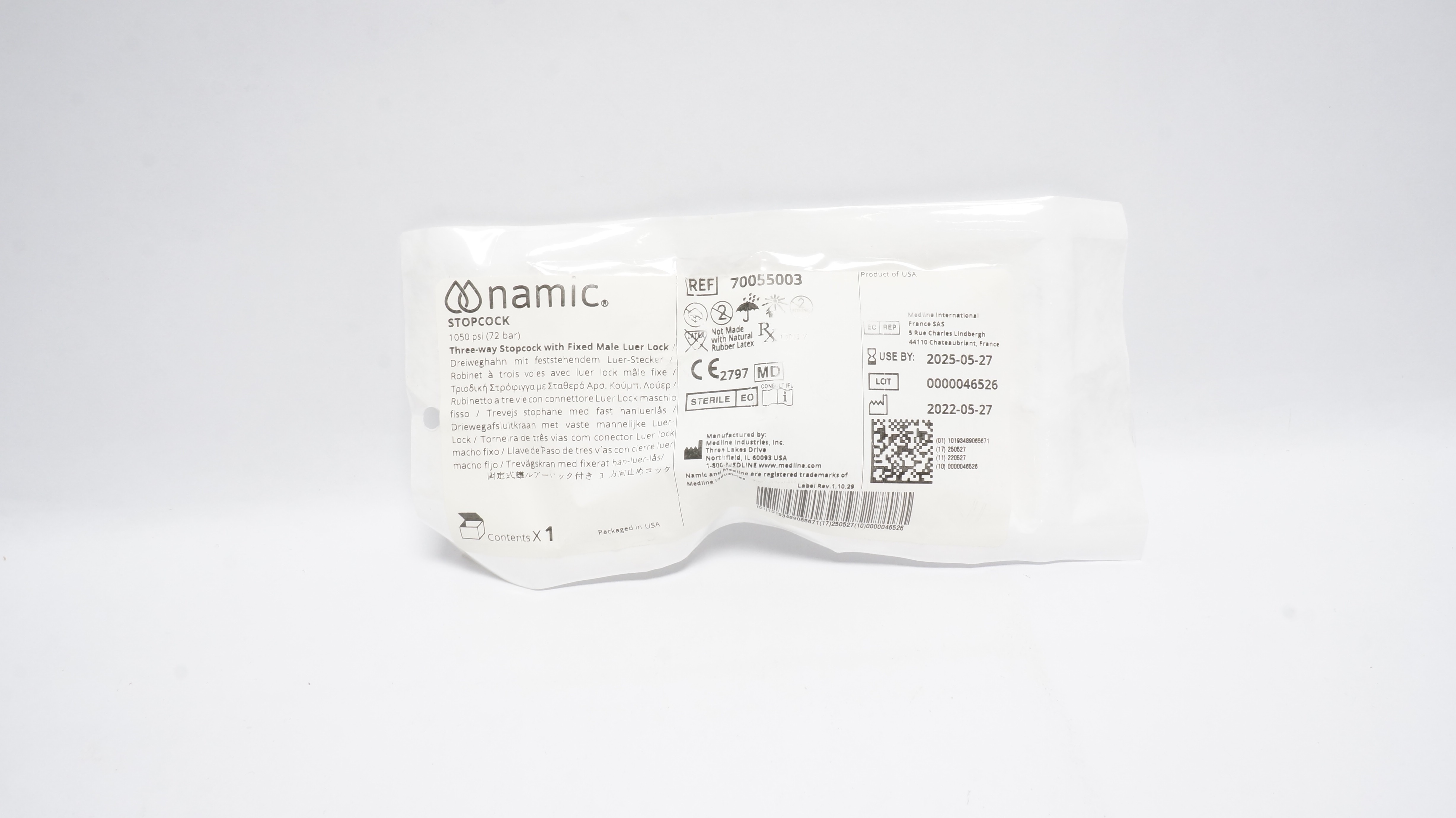 Medline 70055003 Namic 3-Way Stopcock 1050psi W/Fixed Male Luer Lock (x)