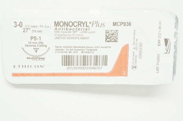 Ethicon MCP936 3-0 Monocryl Plus Stre PS-1 24mm 3/8c Reverse Cutting, 27inch (x)