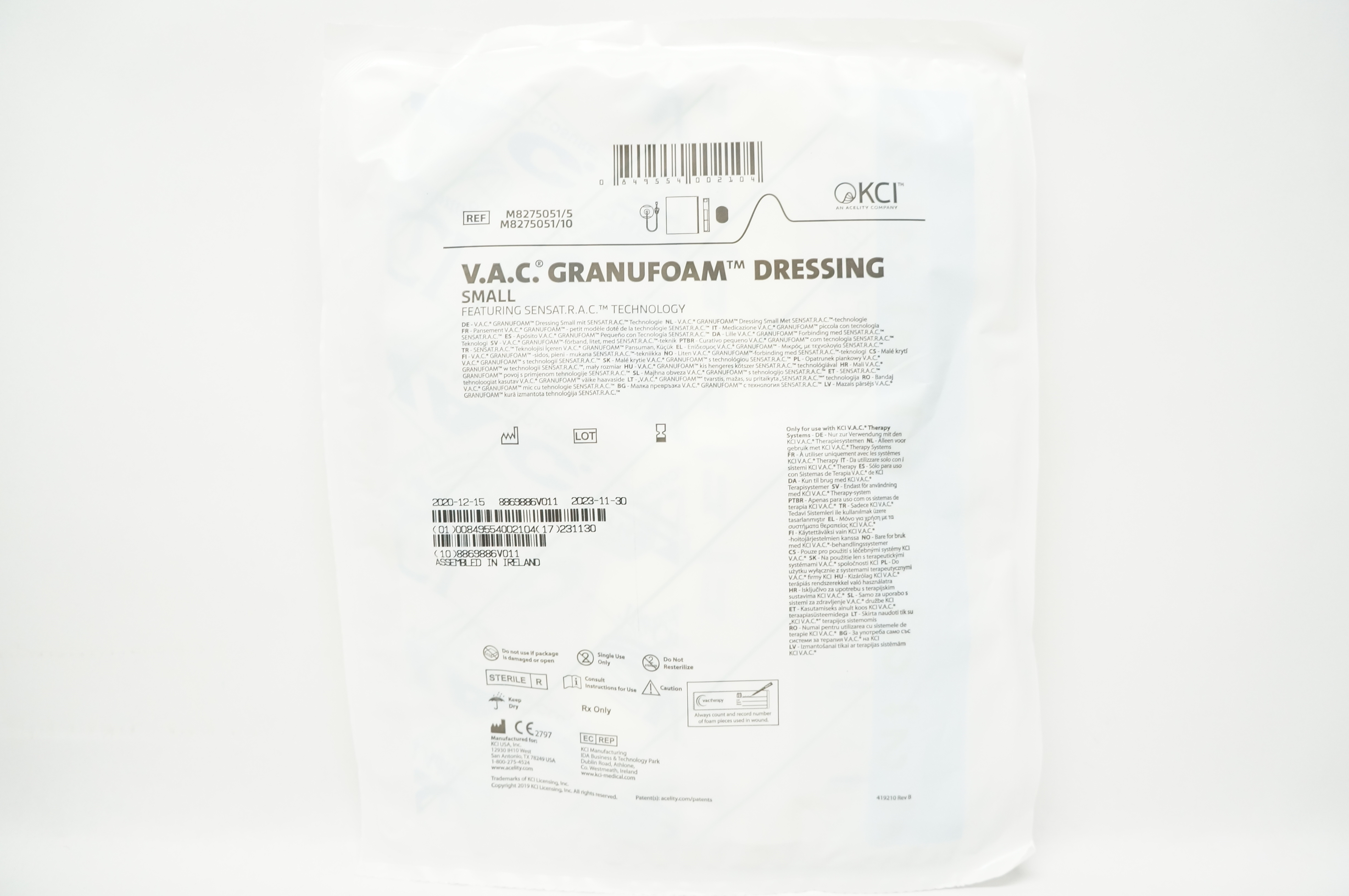 KCI M8275051/5 V.A.C. Granufoam Dressing Featuring SENSAT.R.A.C. Technology S