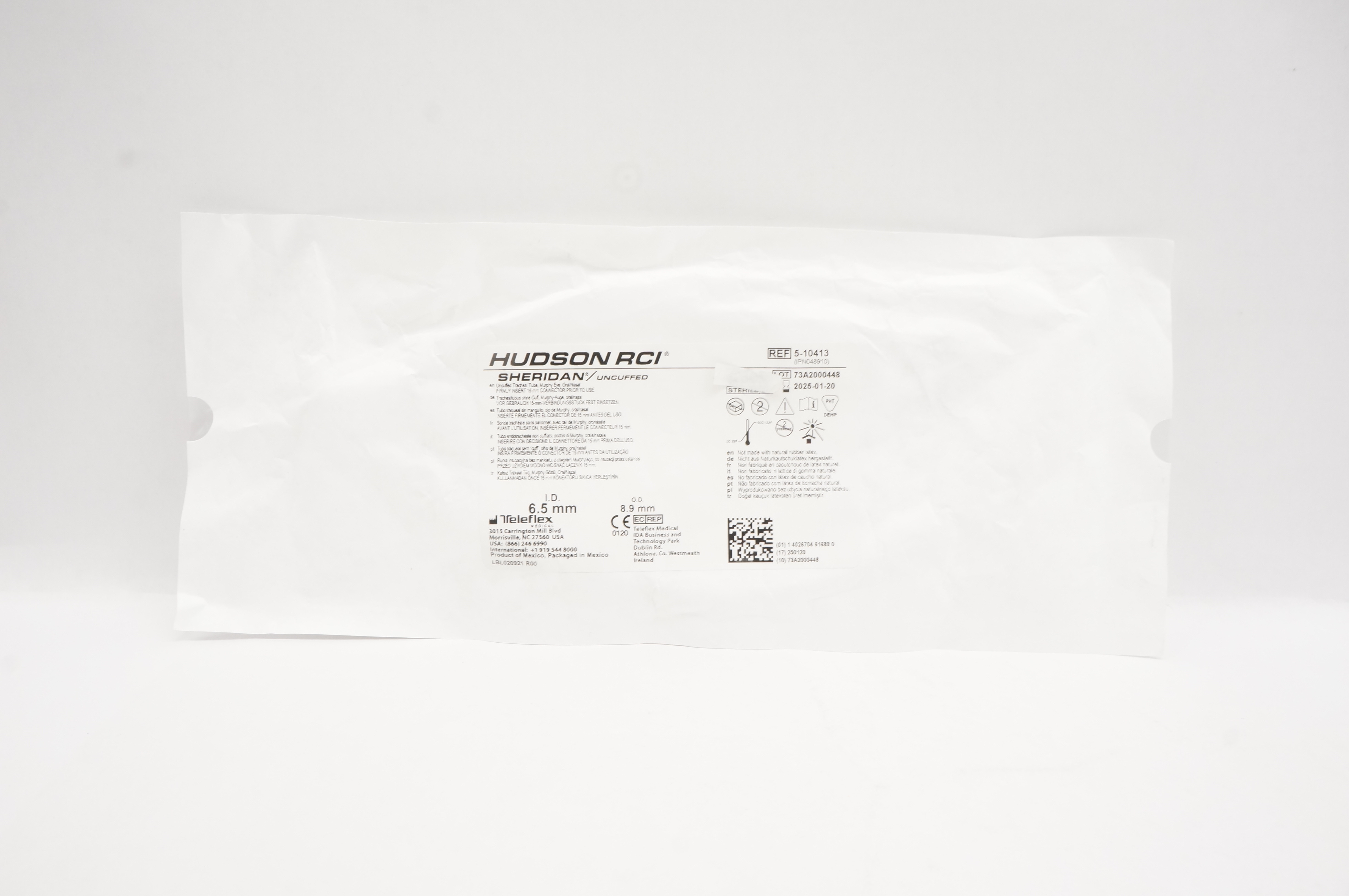 Teleflex 5-10413 Hudson RCI Sheridan Uncuffed Tracheal Tube 6.5mm ID x 8.9mm OD