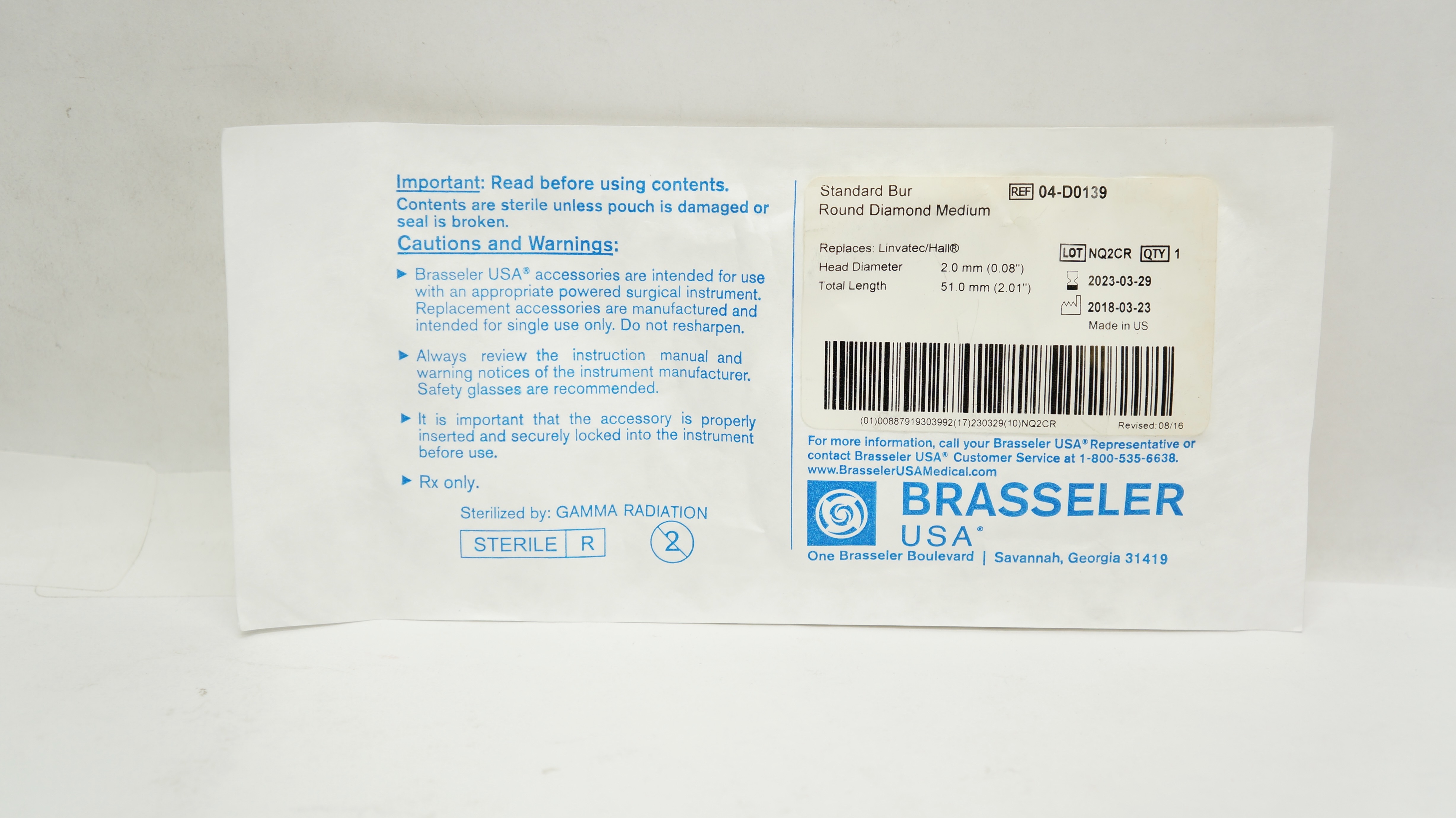 Brasseler 04-D0139 Standard Bur Round Diamond, Medium 0.08inch x 2.01inch (x)