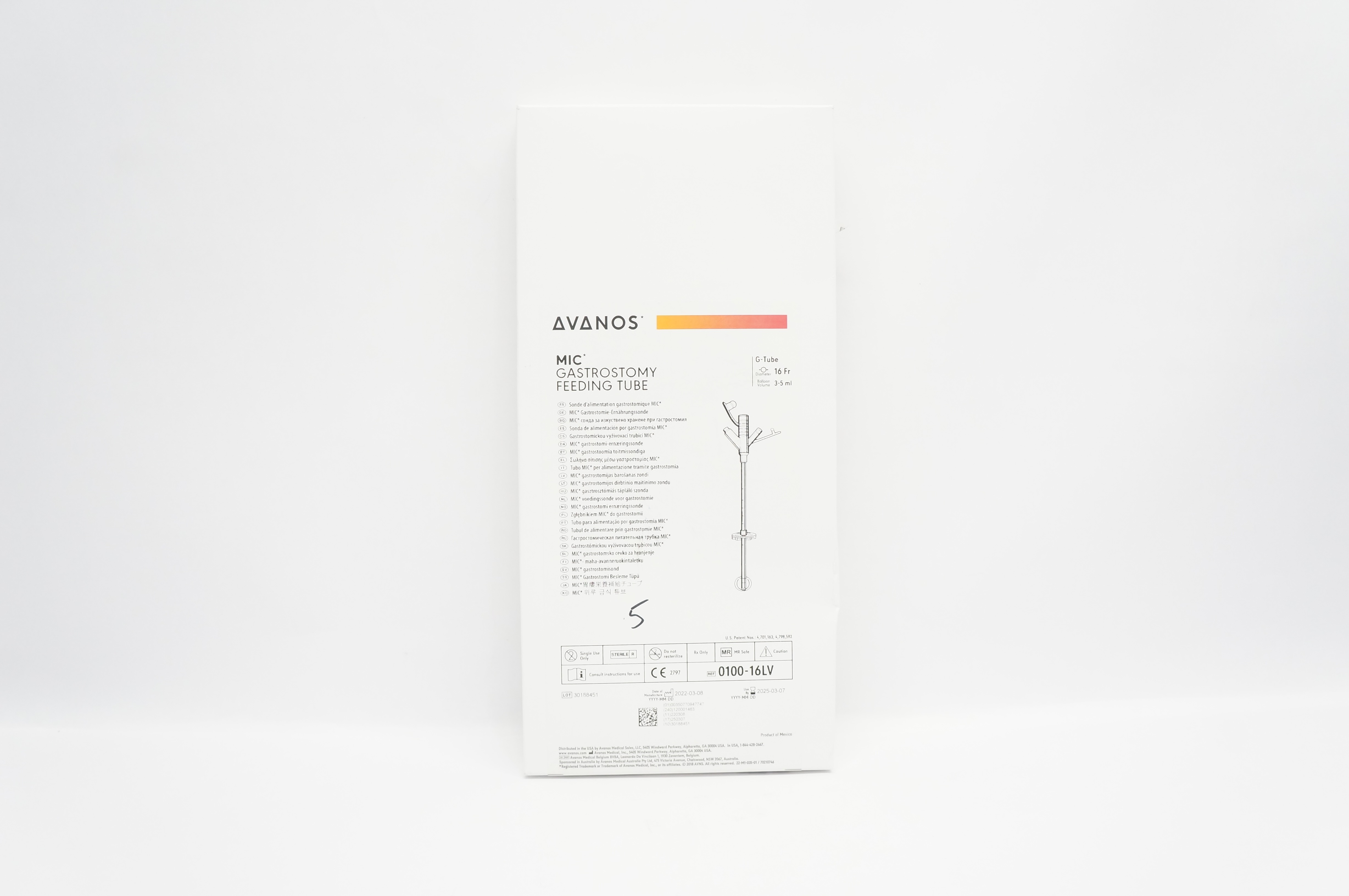 Avanos 0100-16LV Mic Gastrostomy Feeding G-Tube 16Fr x 3-5ml