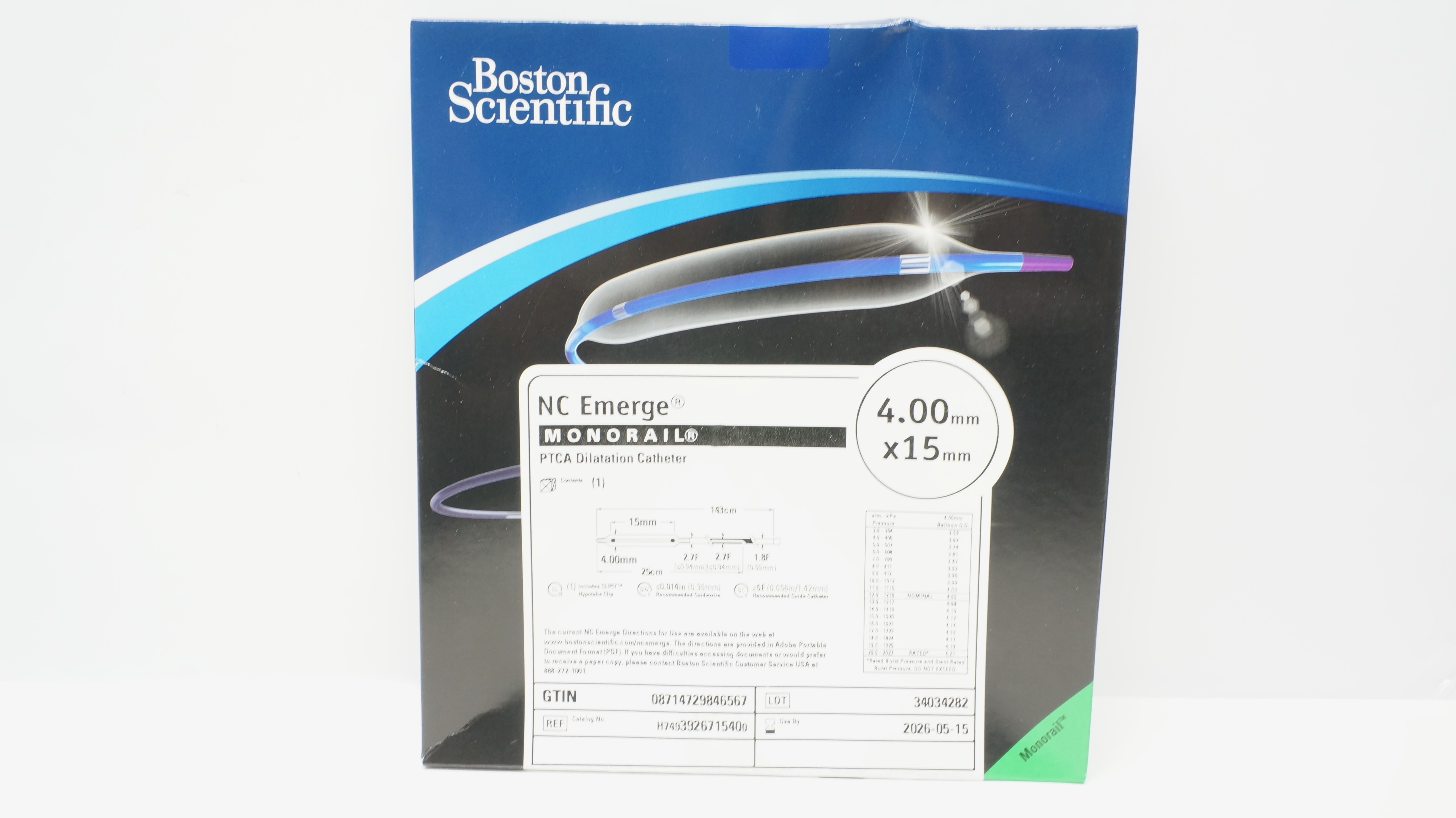 Boston Scientific 392671540 NC Emerge PTCA Dilatation Cath. 4.00 x 15mm