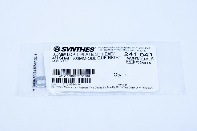 Synthes 241.041 3.5mm LCP T-Plate: 3H Head / 4H Shaft / 63mm - Oblique Right