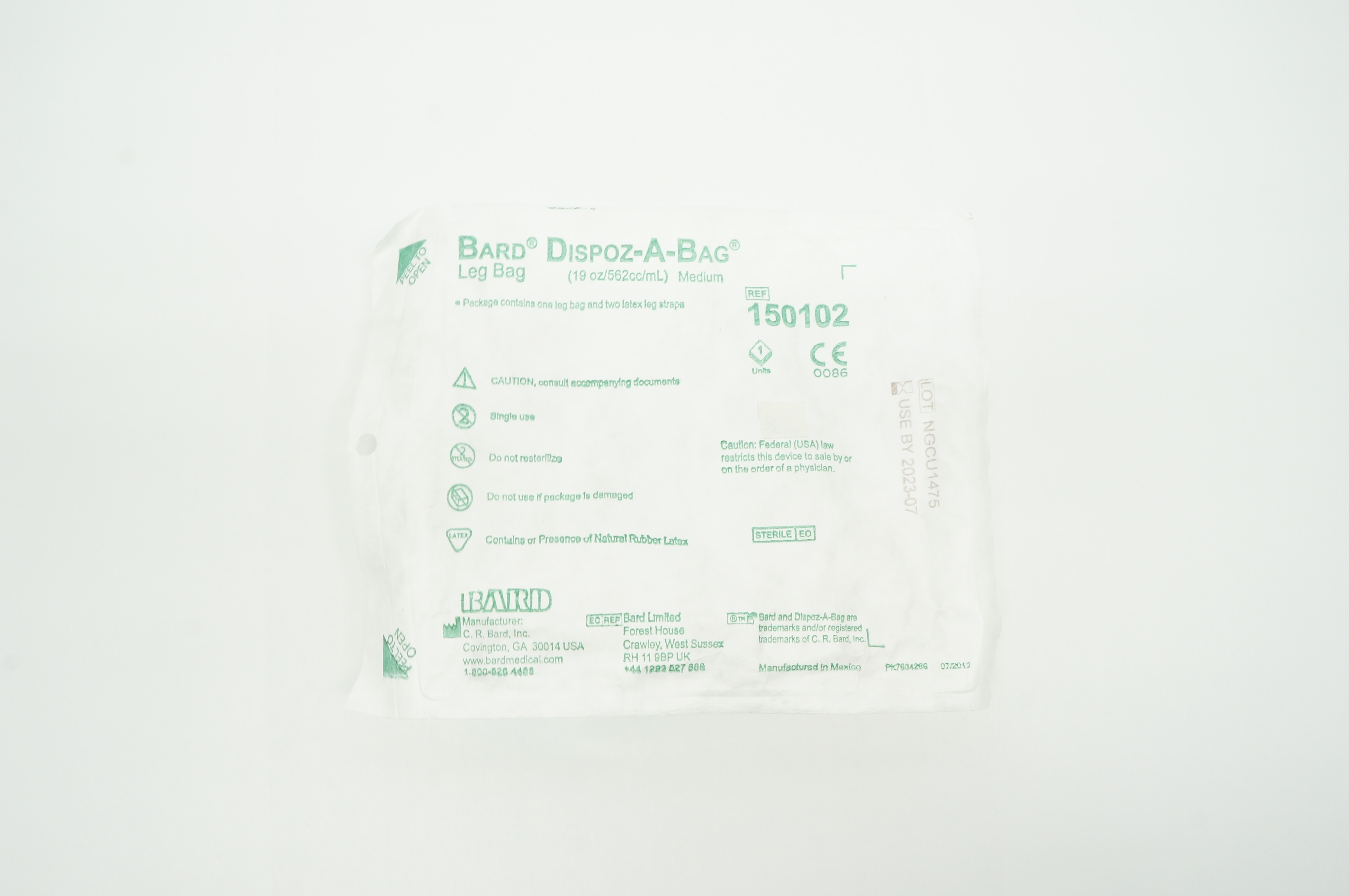 Bard 150102 Dispoz-A-Bag Medium Leg Bag & Two Latex Leg Straps 19oz/562cc/mL(x)