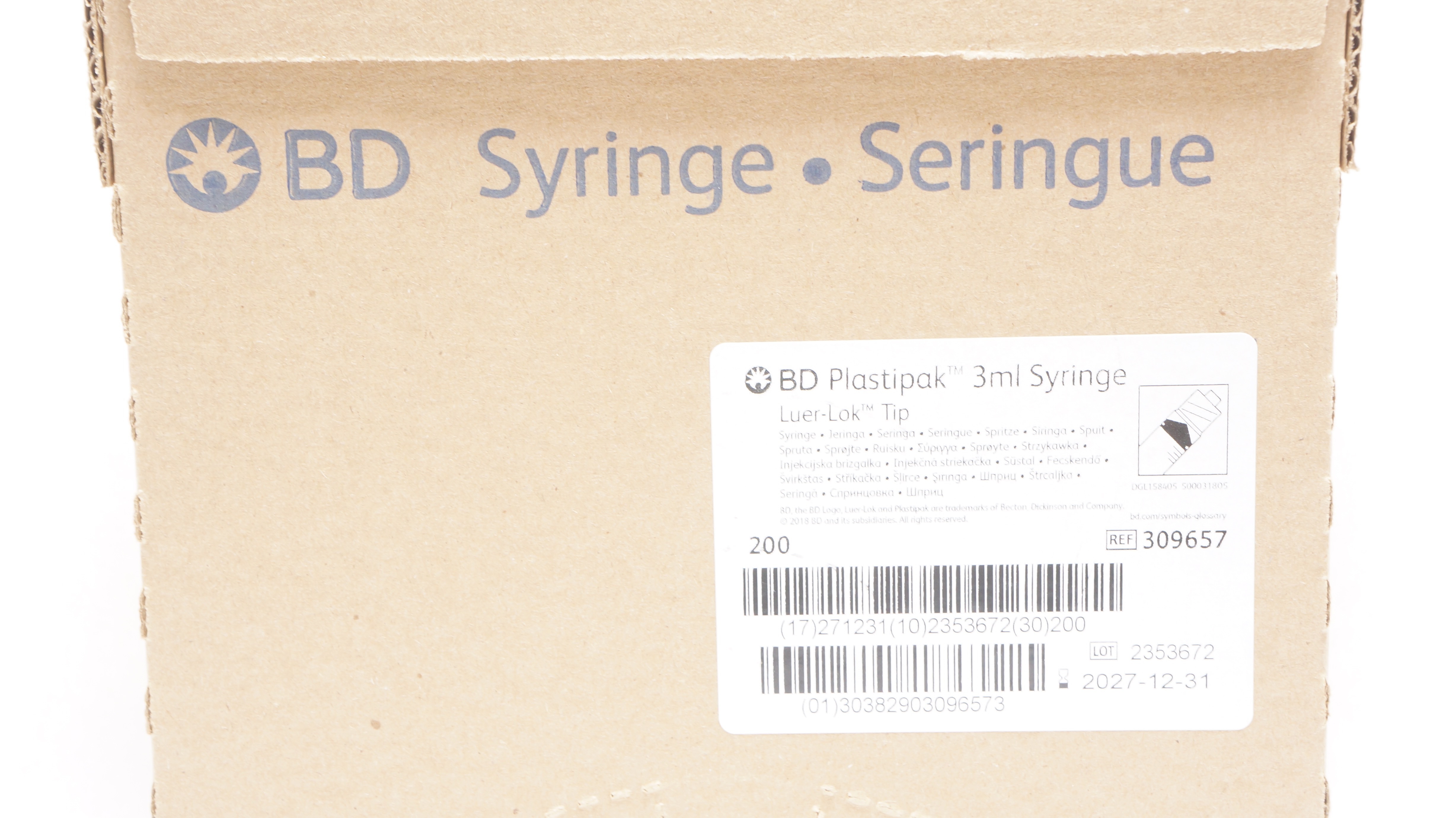 BD 309657 Plastipak Luer-Lok Tip, Syringe 3ml - Box of 200