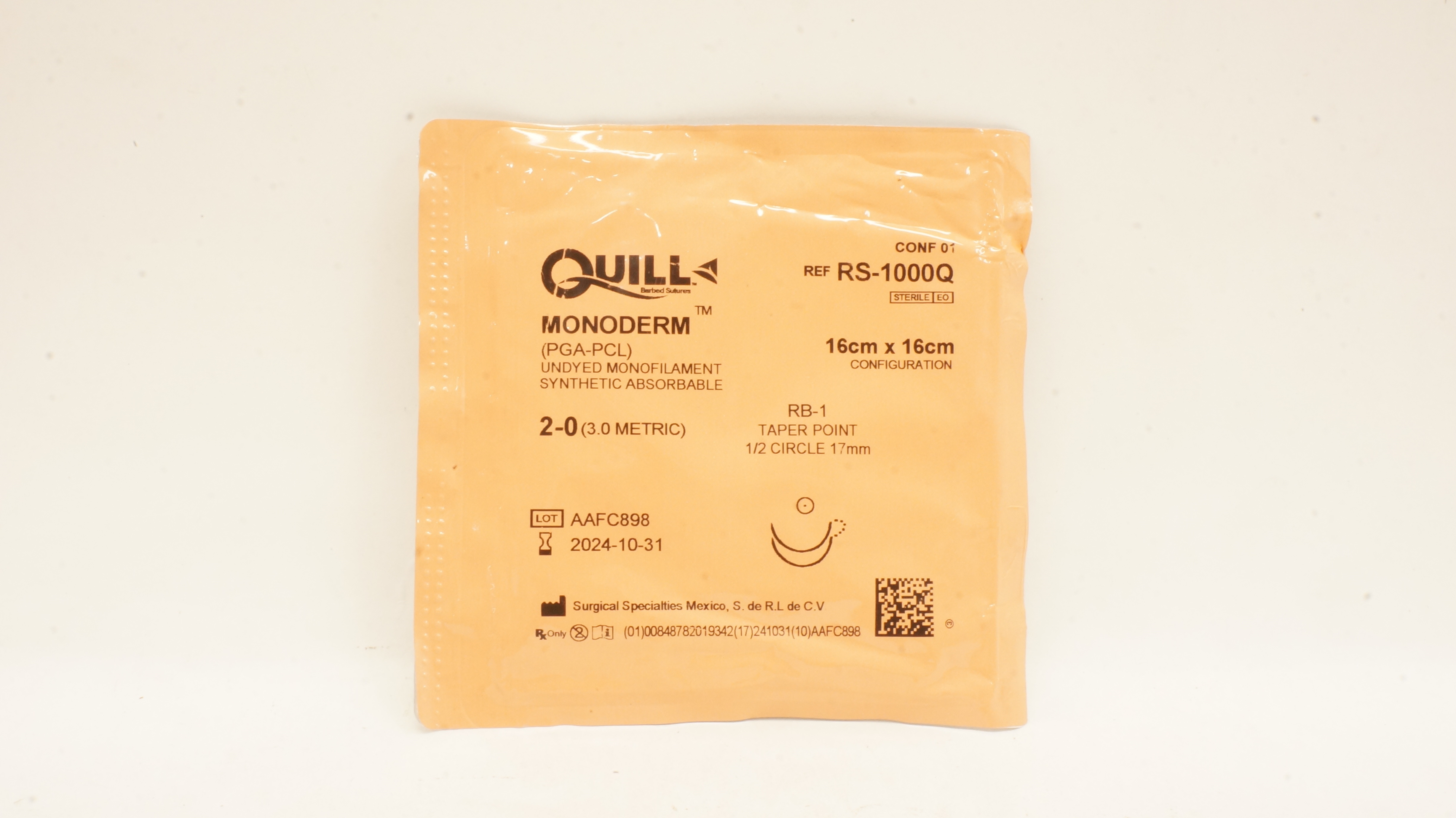 Surgical Specialties RS-1000Q 2-0 Quill Monoderm Stre RB-1 1/2c 17mm 16 x 16cm