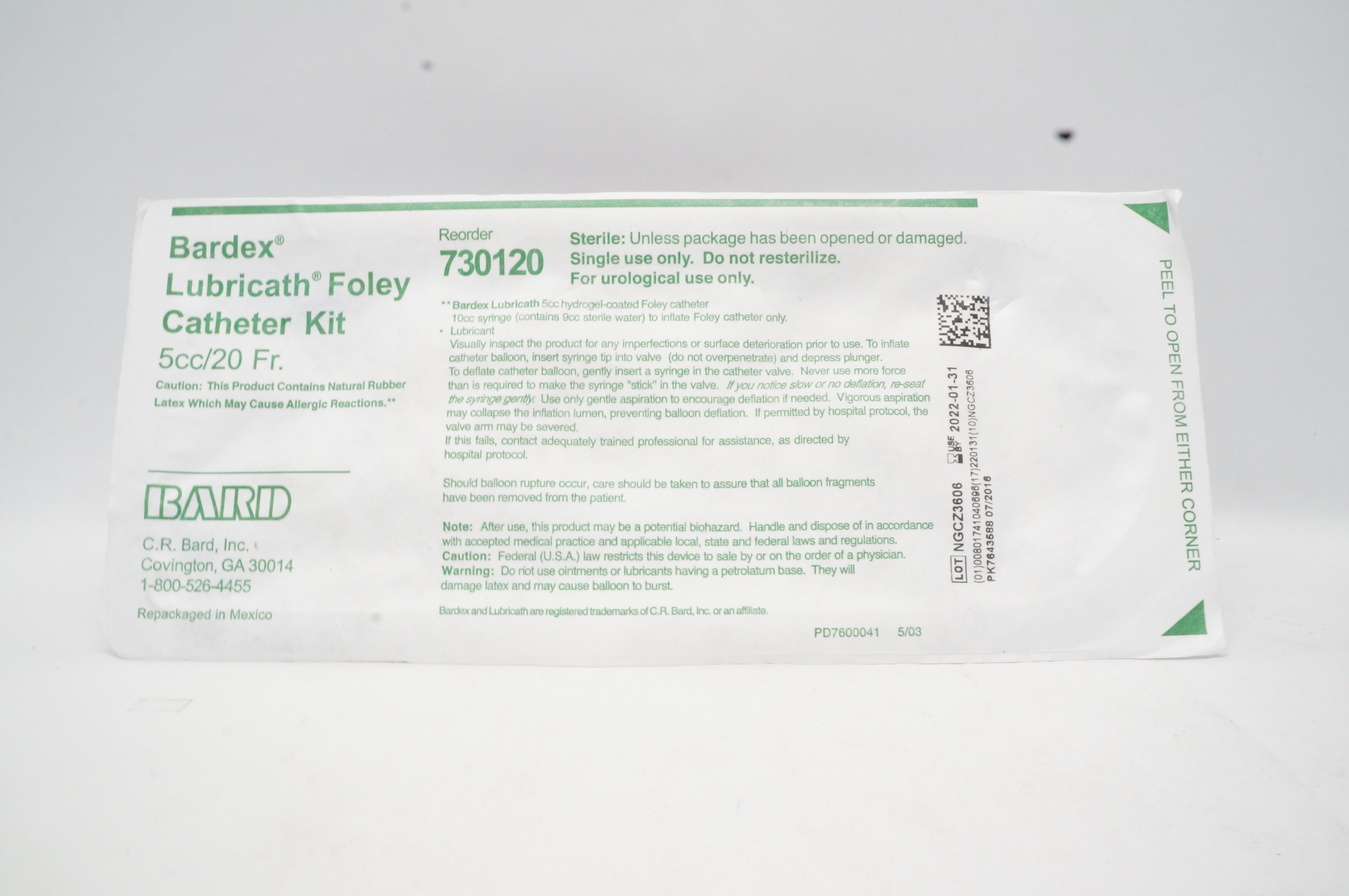Bard 730120 Bardex Lubricath Foley Cath. Kit 5cc x 20Fr