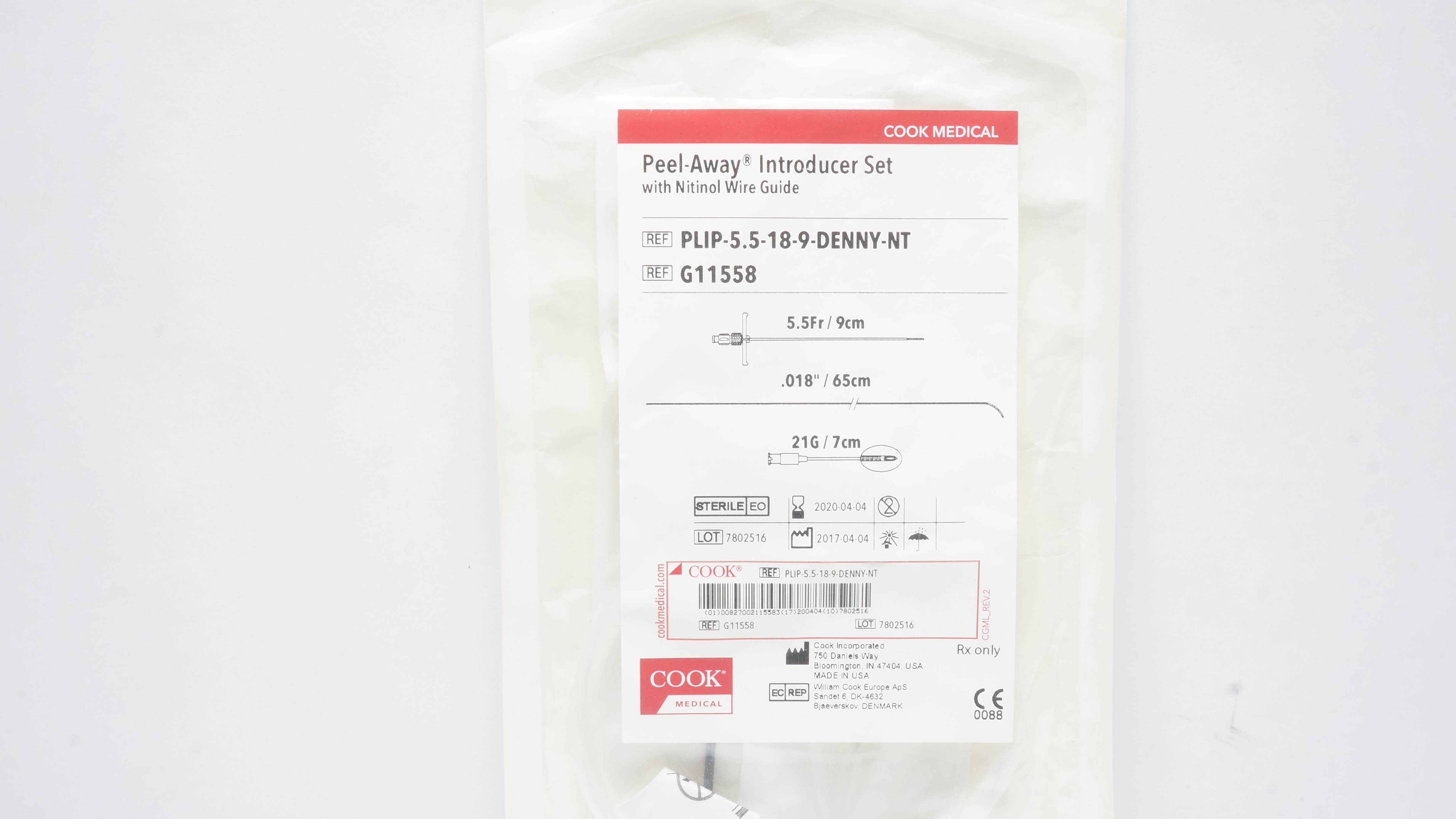 Cook Medical G11558 Peel-Away Introducer Set w/Nitinol Wire Guide 5.5Fr/9cm (x)