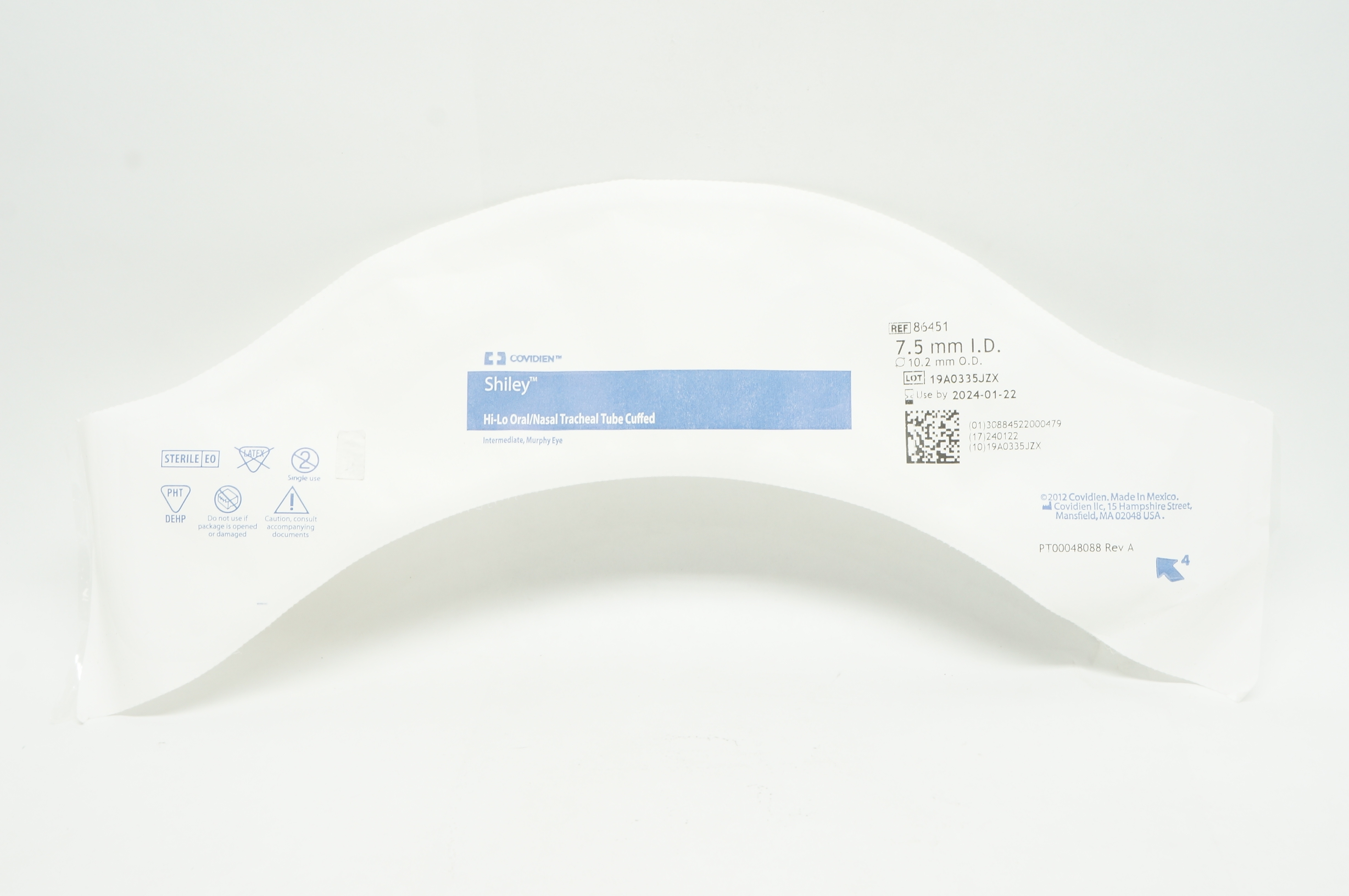Covidien 86451 Shiley Hi-Lo Oral/Nasal Tracheal Tube Cuffed 7.5mm x 10.2mm