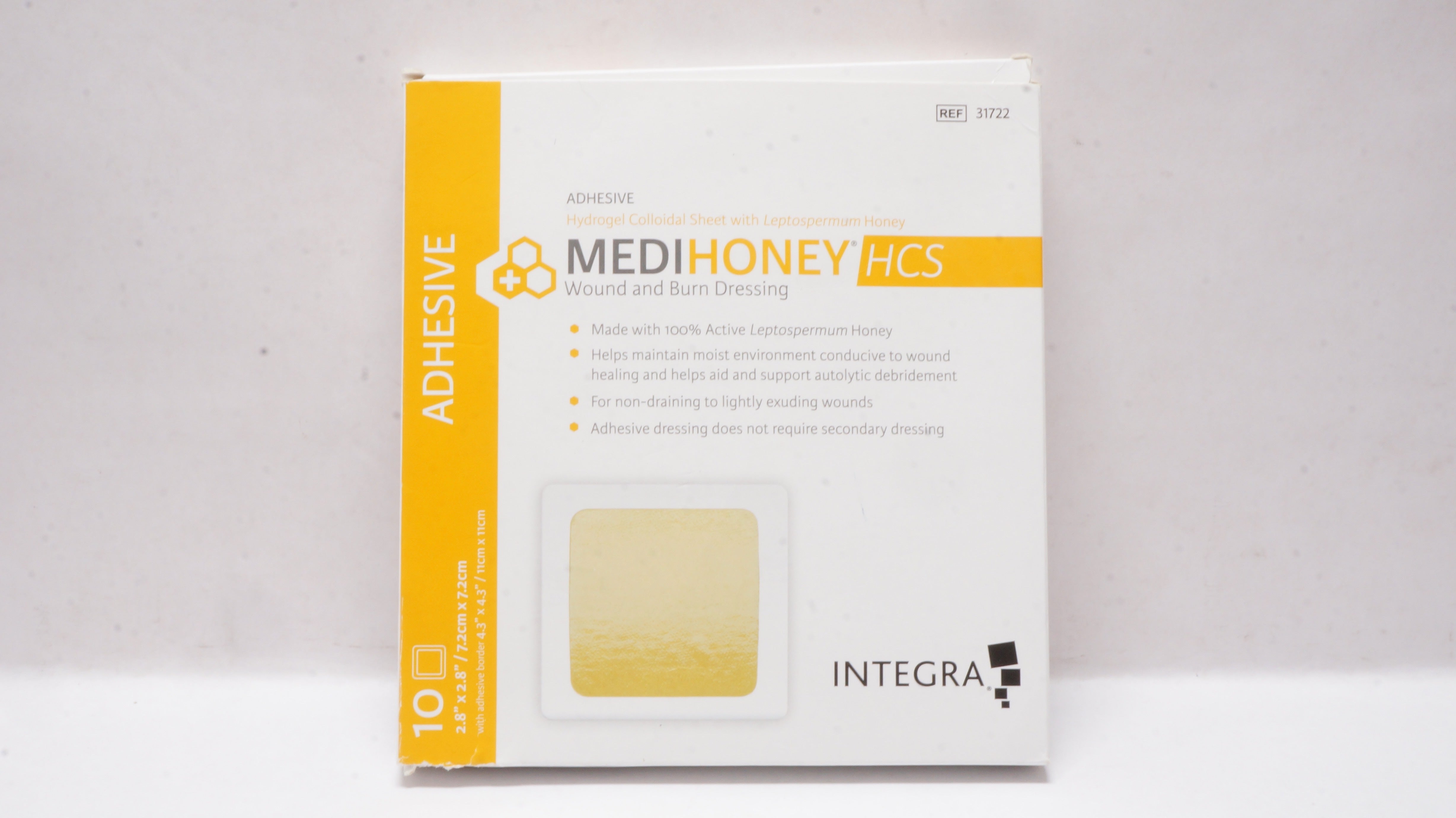 Integra 31722 MEDIHONEY Adhesive WITH HCS Sheet 2.8inch x 2.8inch - Box of 10
