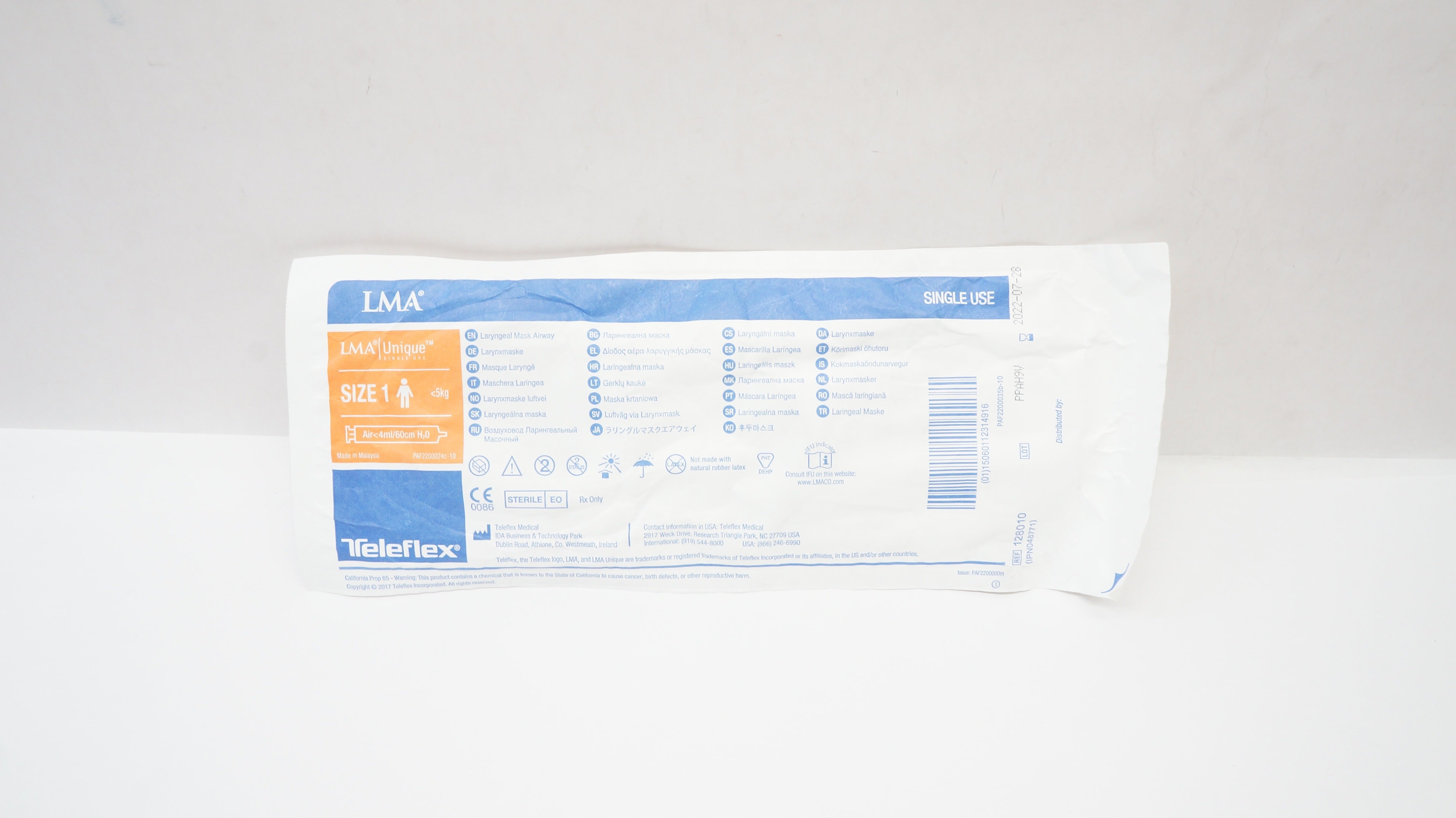 Teleflex 128010 LMA Laryngeal Mask Airway, Size 1 <5kg, Air<4ml/60cm H2O (x)
