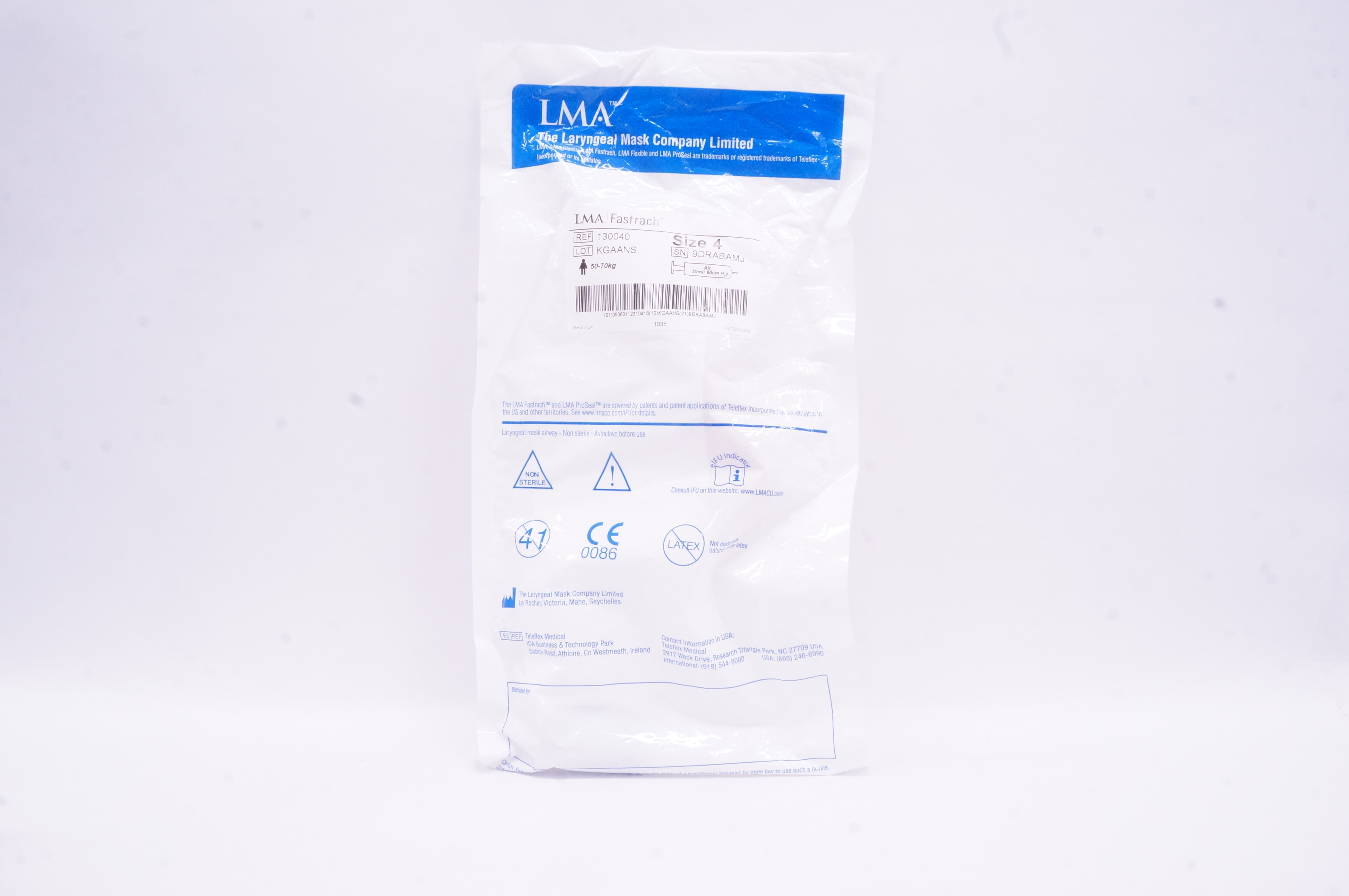 Teleflex 130040 LMA Fastrach Laryngeal Mask Airway Size 4 50-70kg, 30ml/60cm H2O
