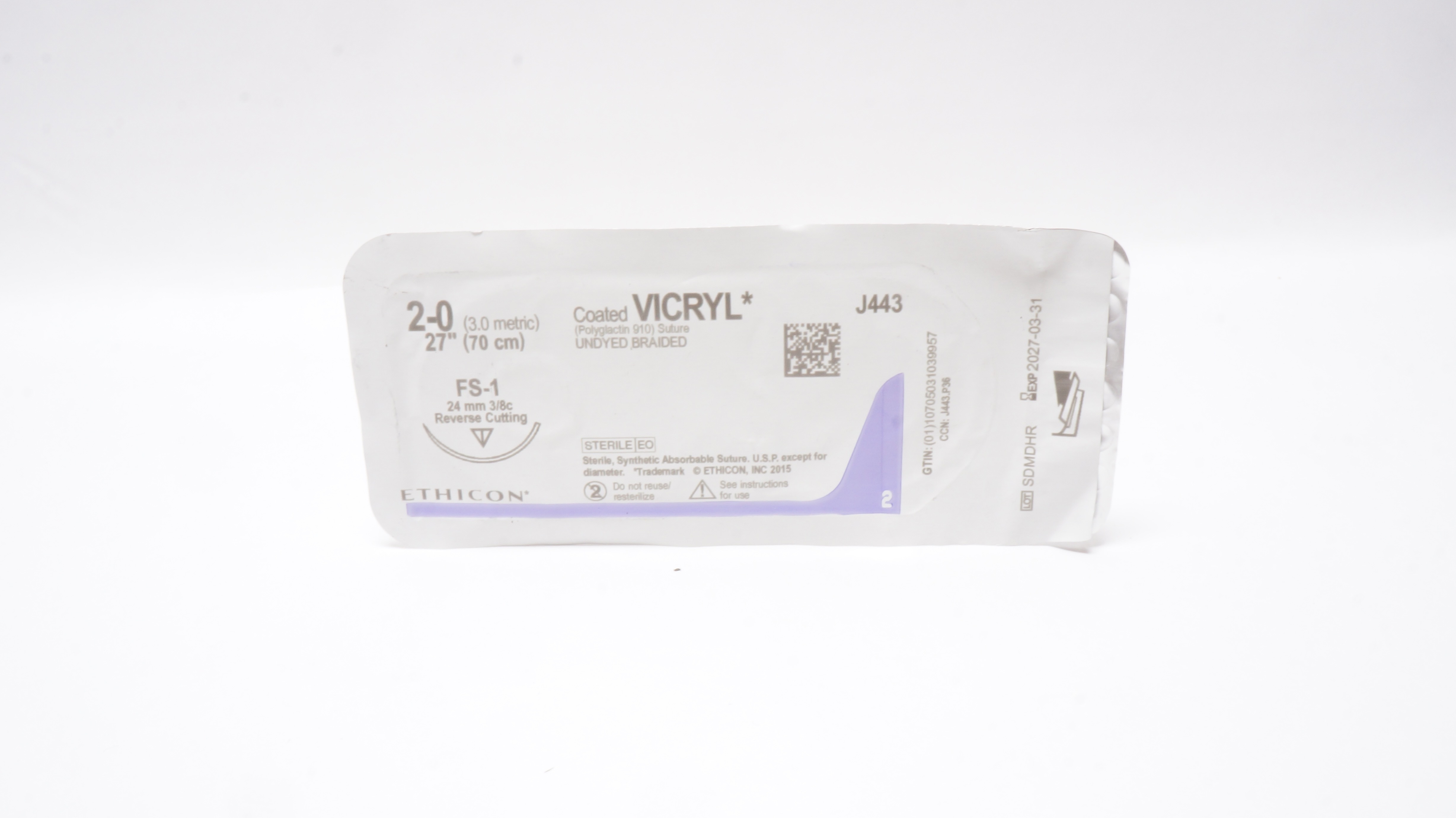 Ethicon J443 2-0 Coated VICRYL Stre FS-1 24mm 3/8c Reverse Cutting, 27inch