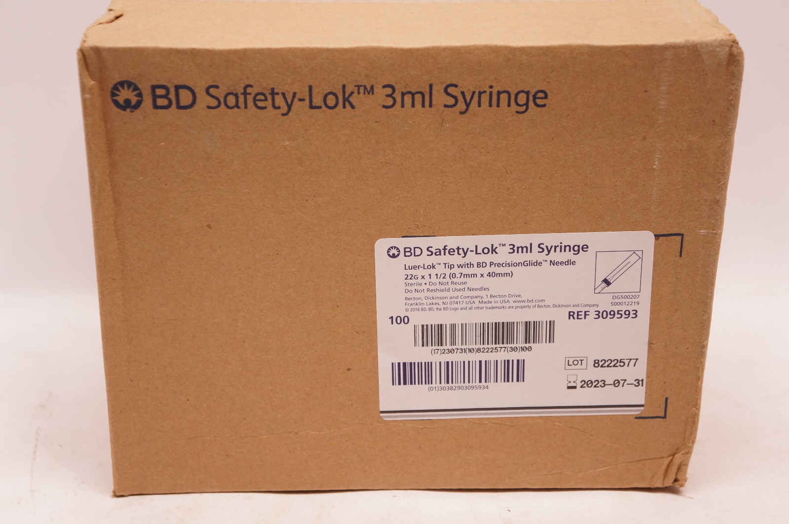 BD 309593 Safety-Lok Syringe 3mL - Box of 100