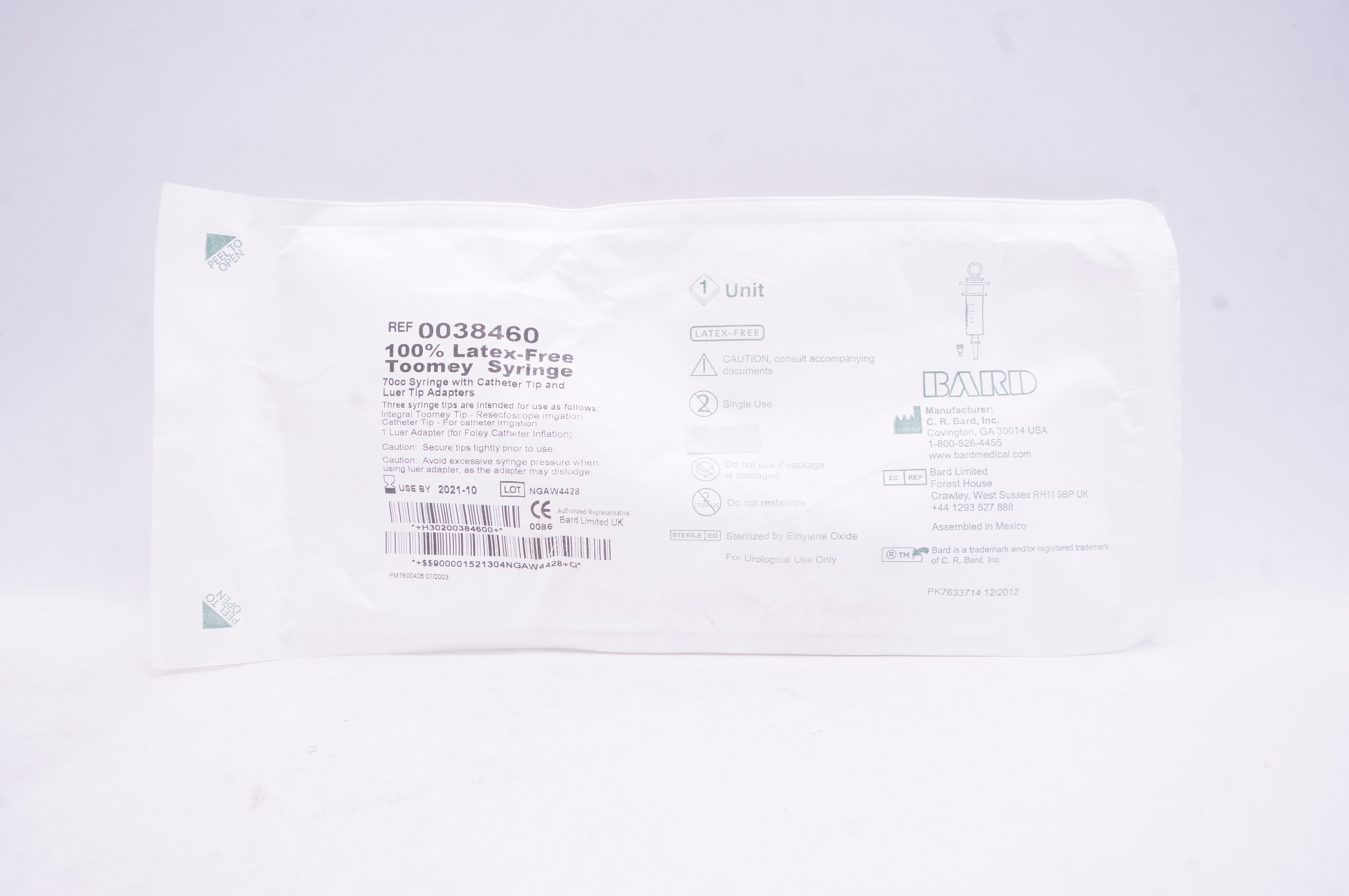 Bard 0038460 Toomey Syringe 70cc with Cath. Tip & Luer Tip Adapters