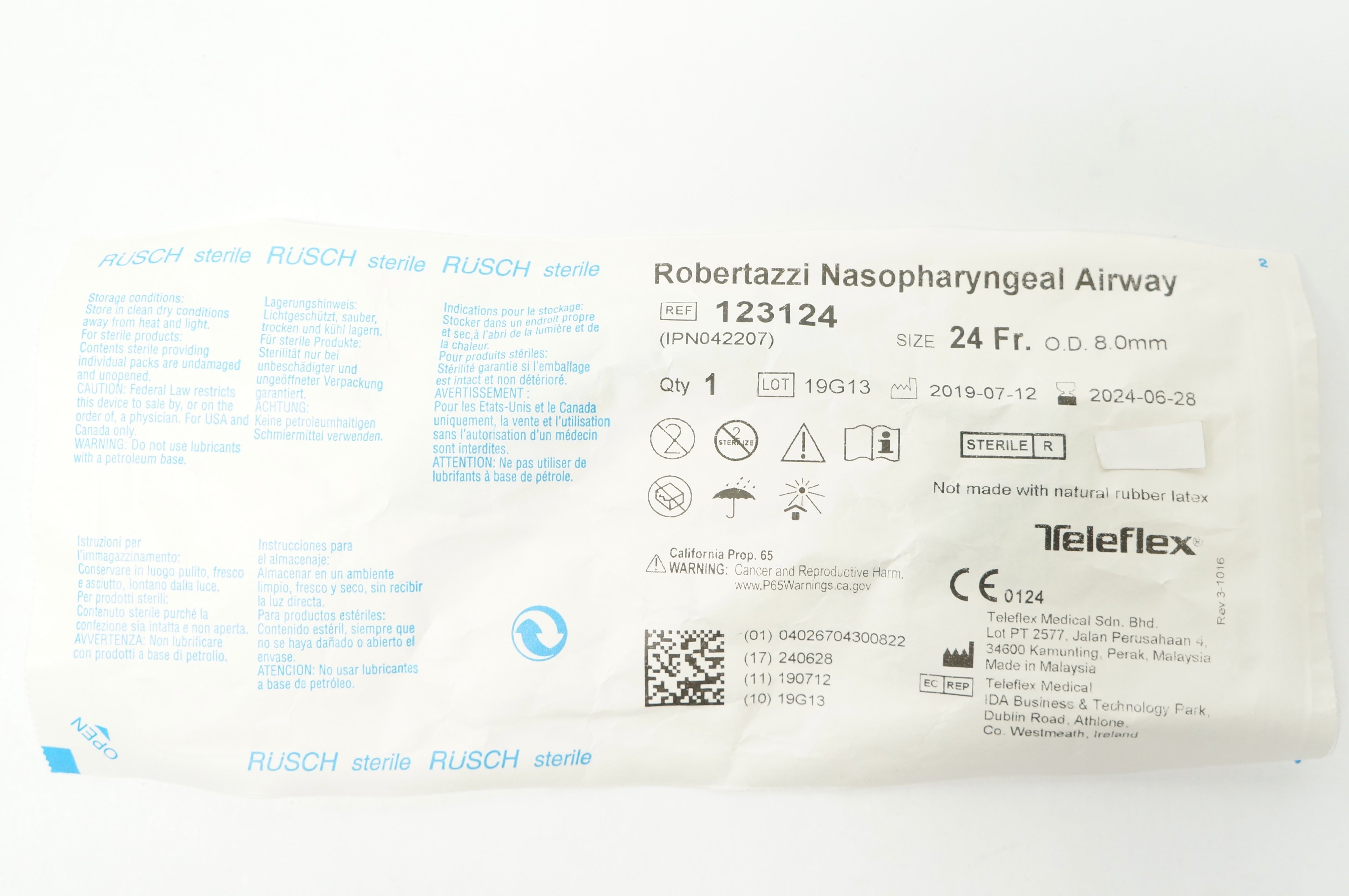 Teleflex 123124 Rusch Robertazzi Nasopharyngeal Airway 24Fr x 8.0 mm O.D. (x)